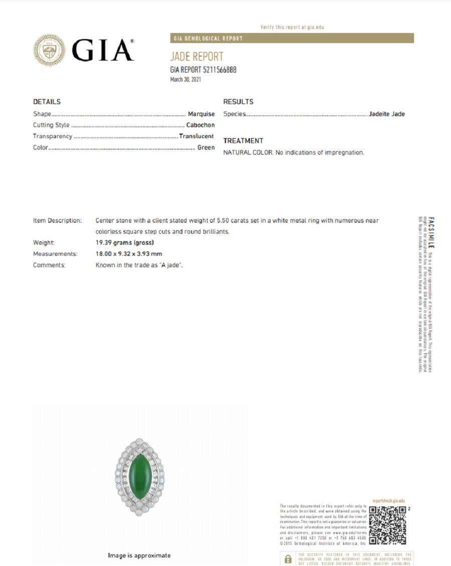Jadeite Jade Diamond Platinum Navette-Style Cocktail Ring, GIA Certified For Sale 3