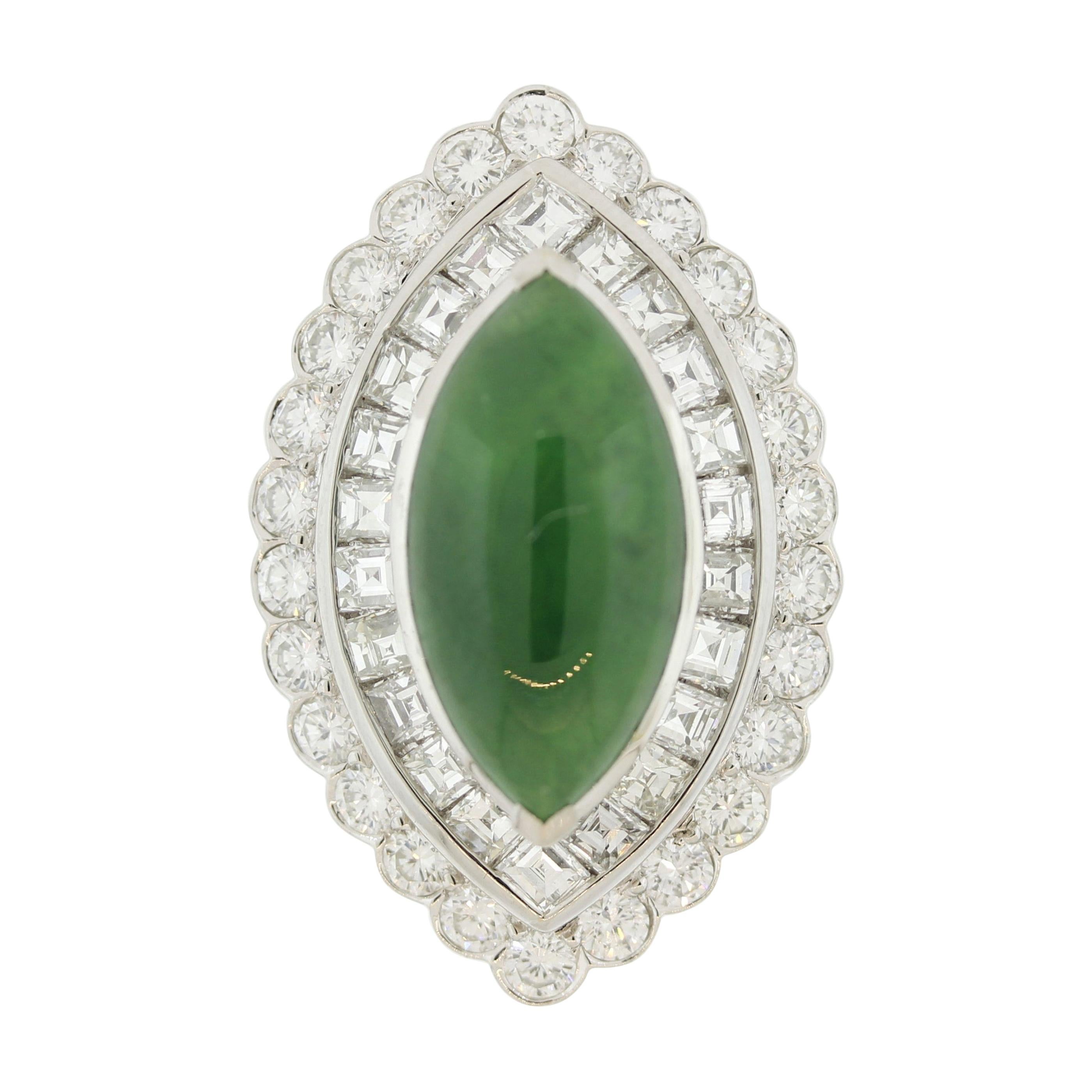 Jadeite Jade Diamond Platinum Navette-Style Cocktail Ring, GIA Certified For Sale