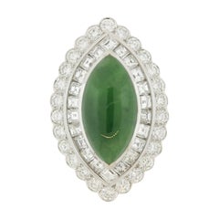 Jadeite Jade Diamond Platinum Navette-Style Cocktail Ring, GIA Certified