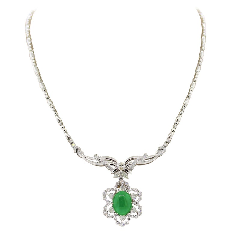 Collier En Jade Jadéite Et Argent Massif 925 - Pendentif Lotus - 46 Cm - 279 Carats - Neuf