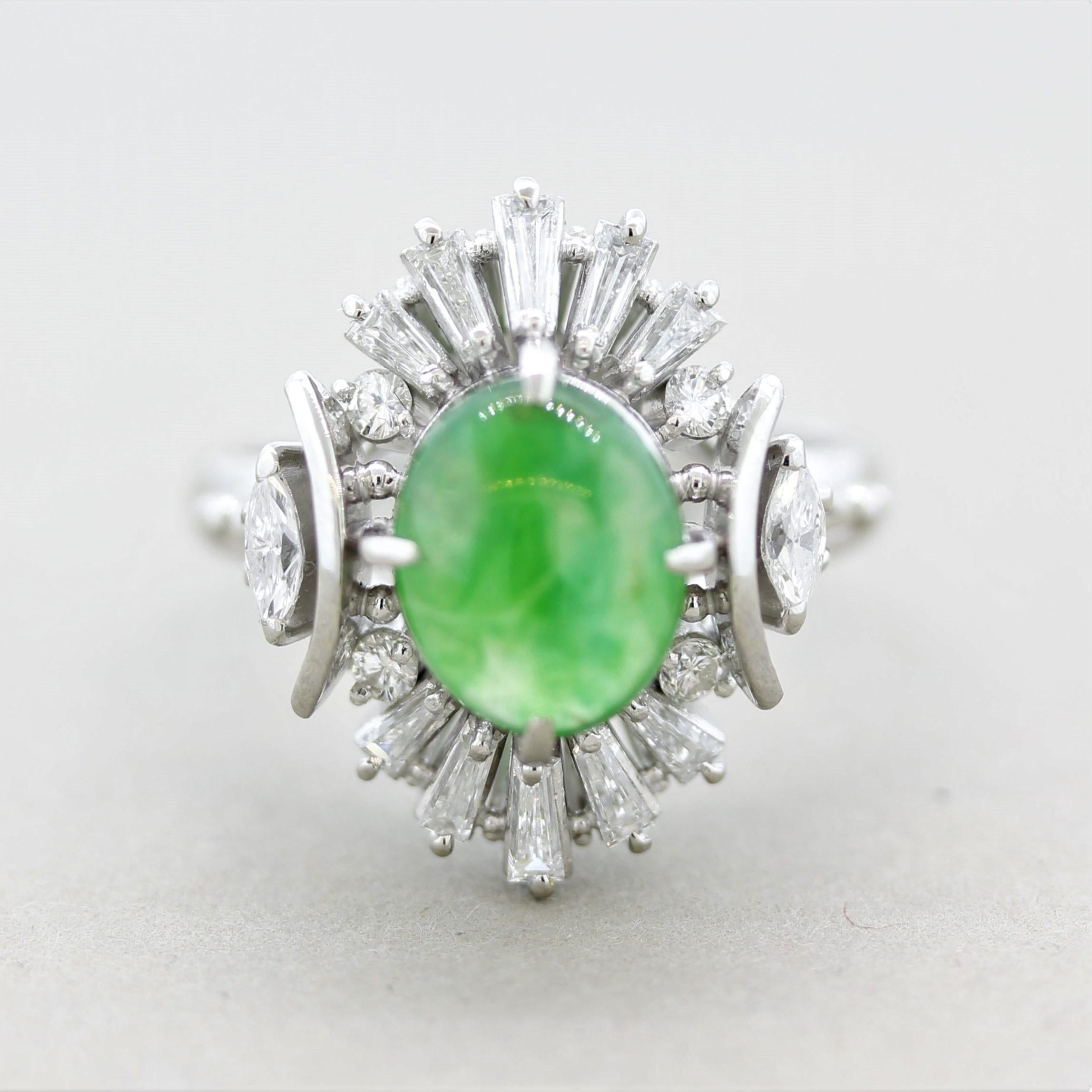 A stylish platinum ring featuring an approximately 2.00 carat piece of natural jadeite jade. It has a bright green color and is translucent allowing light to enter and exit the stone making it appear to glow. It is accented by 0.67 carats of round