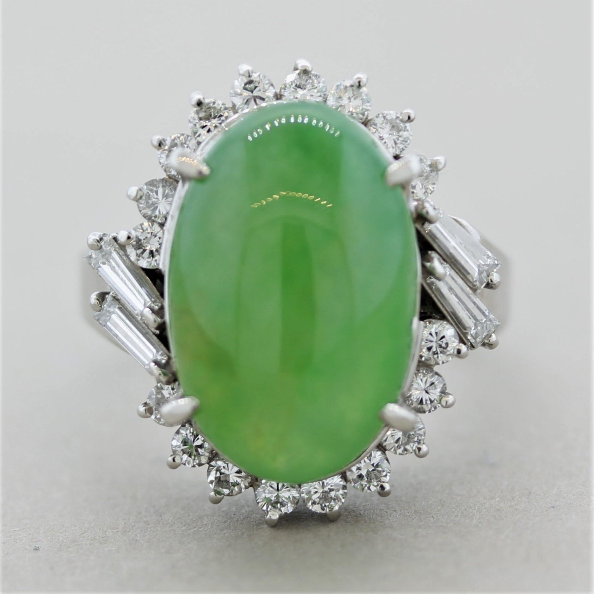 A natural jadeite jade takes center stage! It has a soft yet bright green color with excellent luster as light rolls across its surface. It is accented by 0.85 carats of round brilliant and baguette-cut diamonds set in a stylish pattern around the