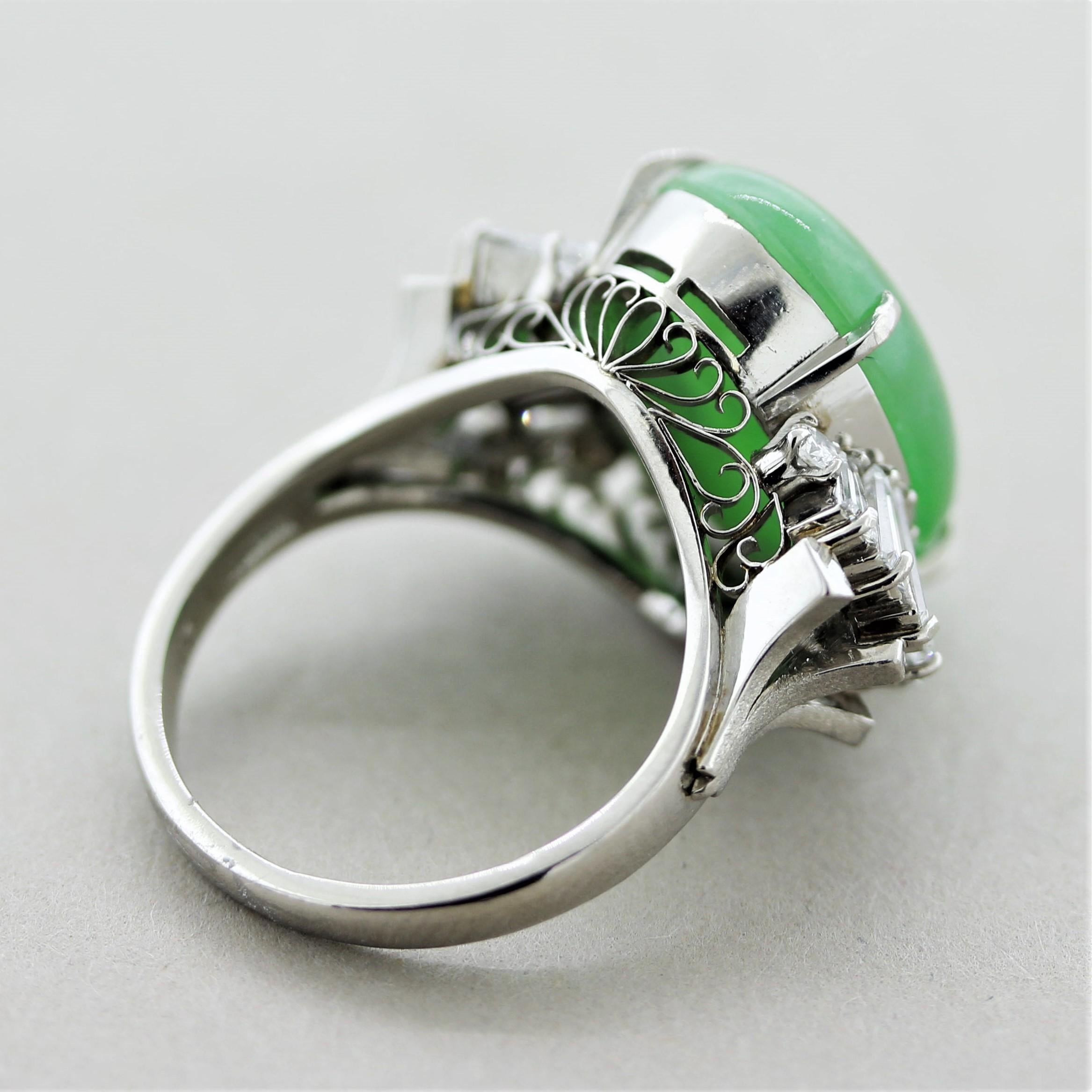 Jadeite Jade Diamond Platinum Ring For Sale 1