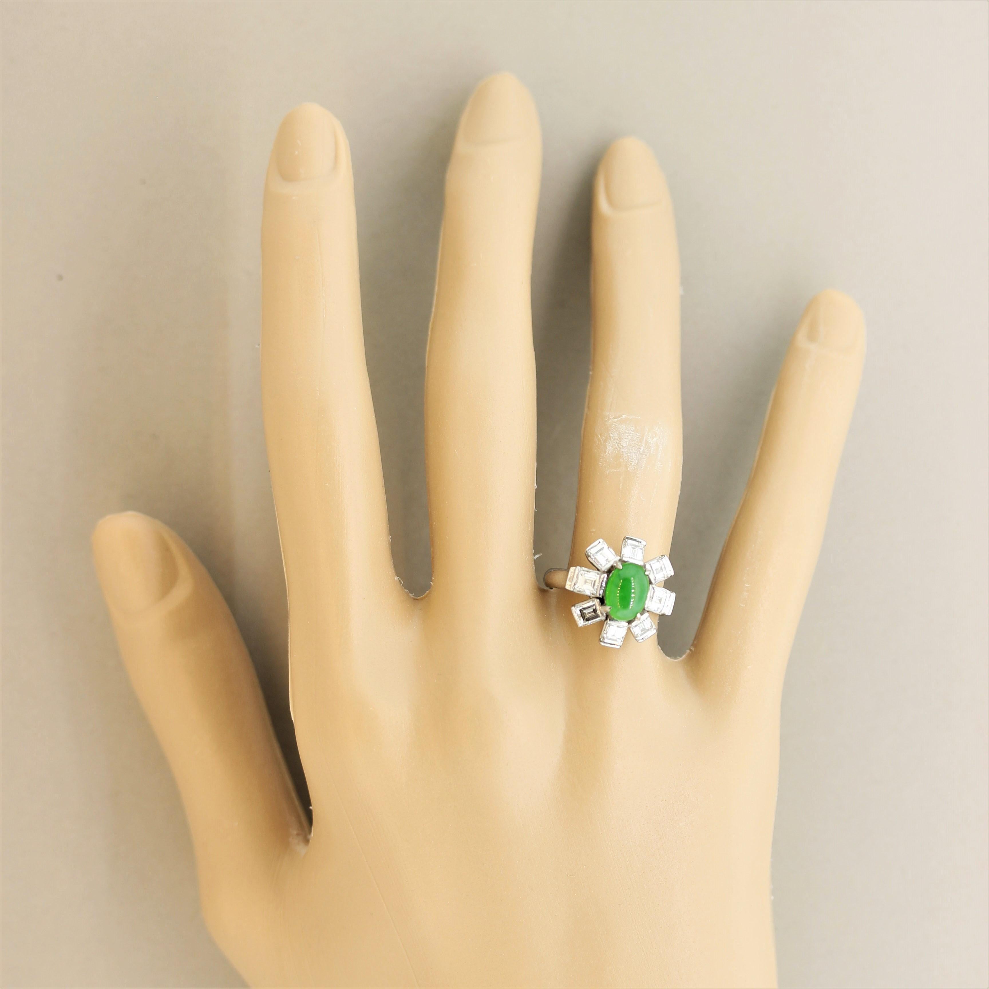 Jadeite Jade Diamond Platinum Sunburst Ring For Sale 6
