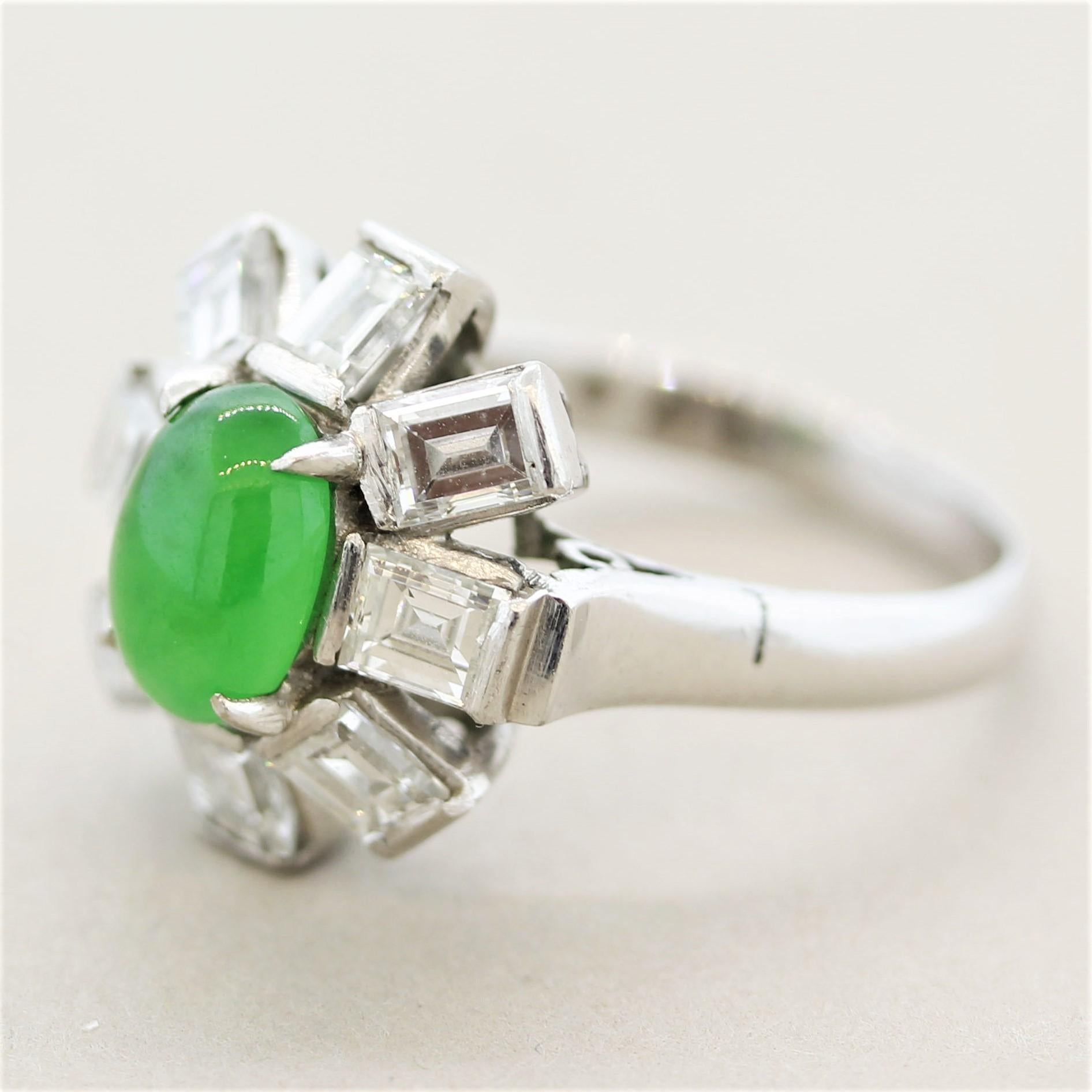 Jadeite Jade Diamond Platinum Sunburst Ring In New Condition For Sale In Beverly Hills, CA