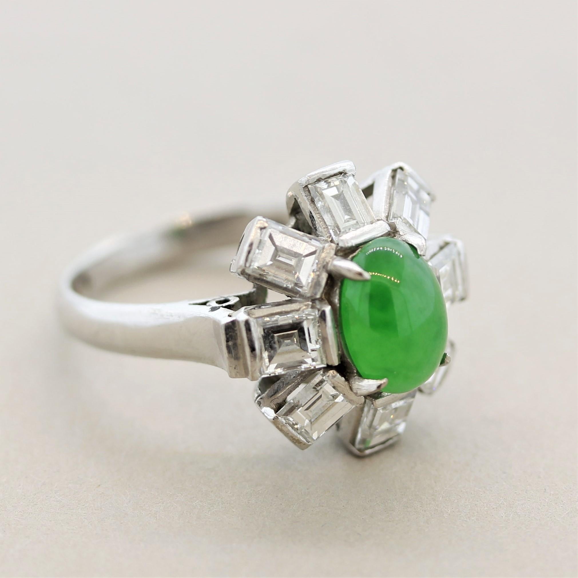 Jadeite Jade Diamond Platinum Sunburst Ring For Sale 3