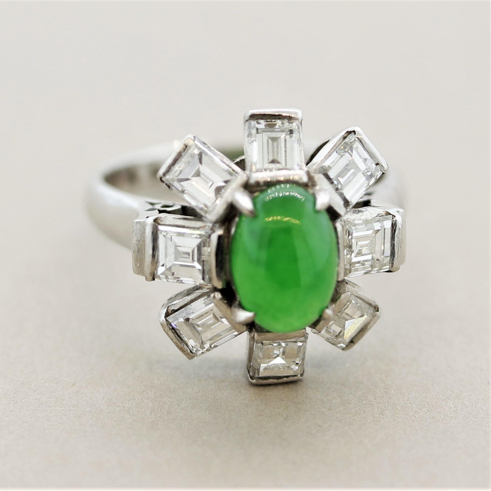 Jadeite Jade Diamond Platinum Sunburst Ring For Sale 4