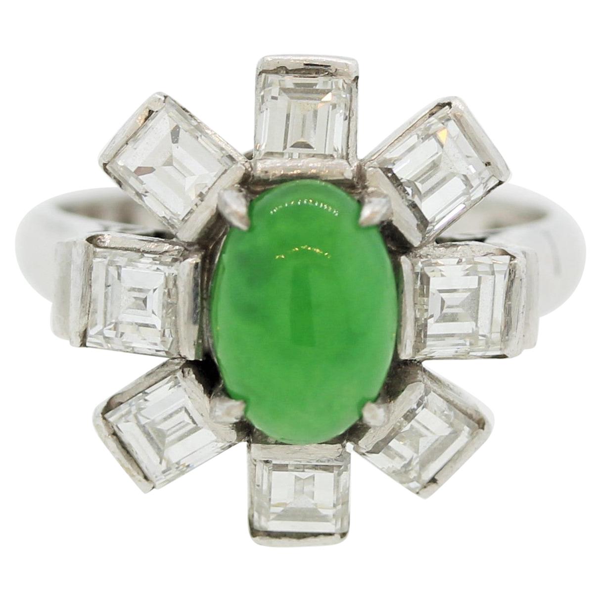 Jadeite Jade Diamond Platinum Sunburst Ring For Sale