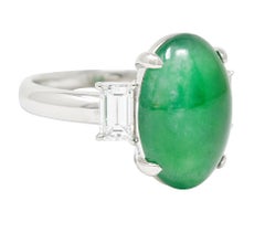 Jadeite Jade Diamond Platinum Three Stone Cabochon Ring GIA