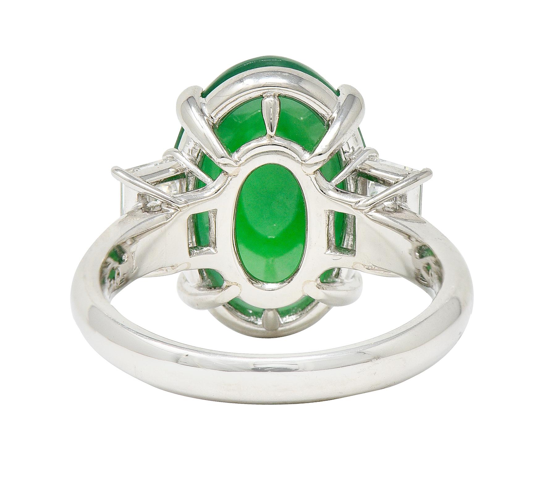 Oval Cut Jadeite Jade Diamond Platinum Three Stone Cabochon Ring GIA