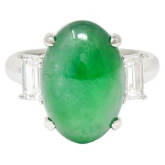 Jadeite Jade Diamond Platinum Three Stone Cabochon Ring GIA