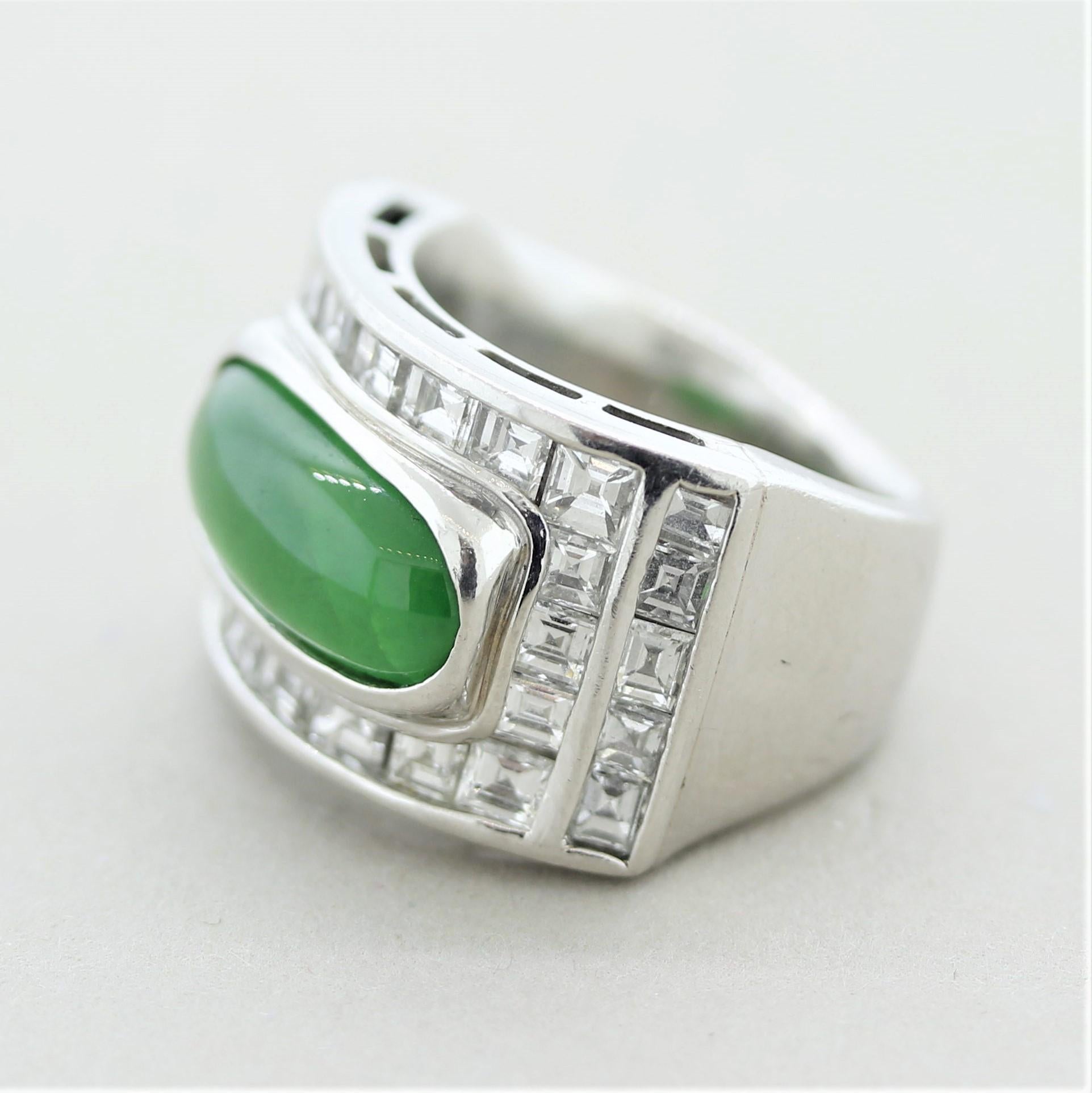 Jadeit Jade Diamant Platin Unisex-Ring (Gemischter Schliff) im Angebot