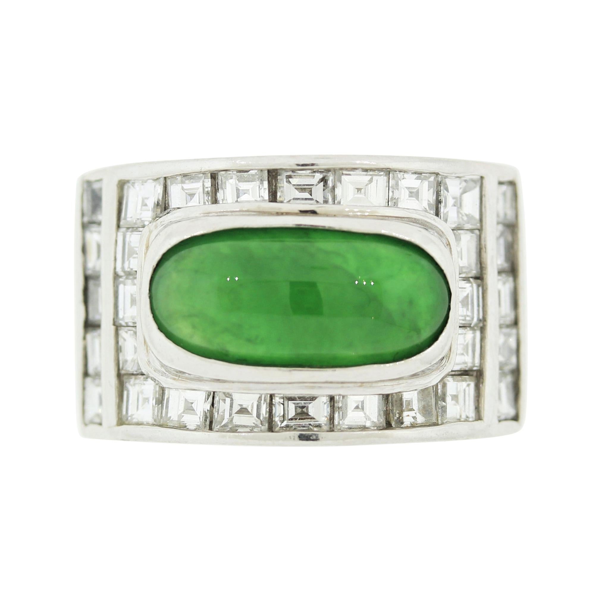 Jadeite Jade Diamond Platinum Unisex Band Ring For Sale