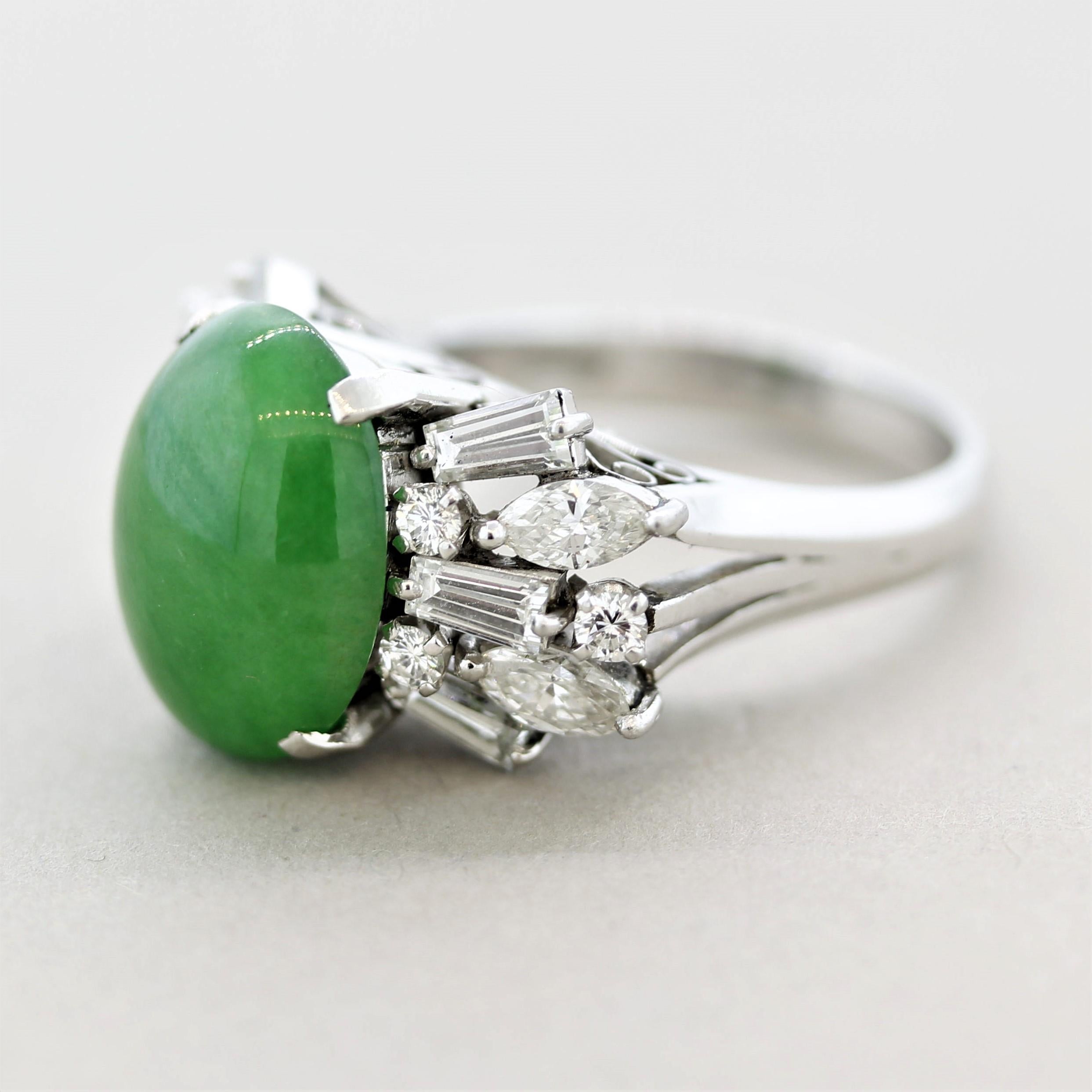 Mixed Cut Jadeite Jade Diamond Spray Platinum Cocktail Ring, GIA Certified For Sale
