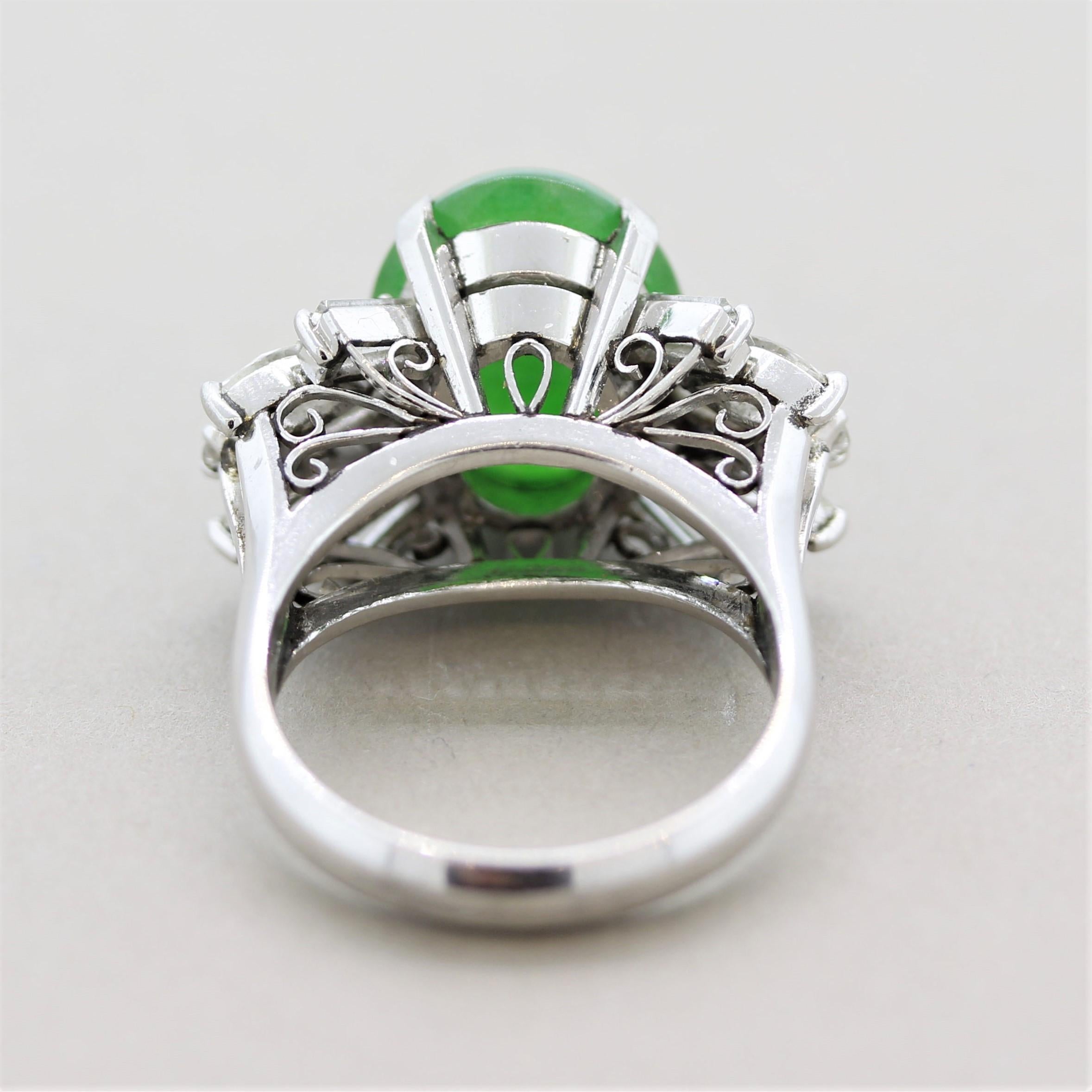 Jadeite Jade Diamond Spray Platinum Cocktail Ring, GIA Certified In New Condition For Sale In Beverly Hills, CA