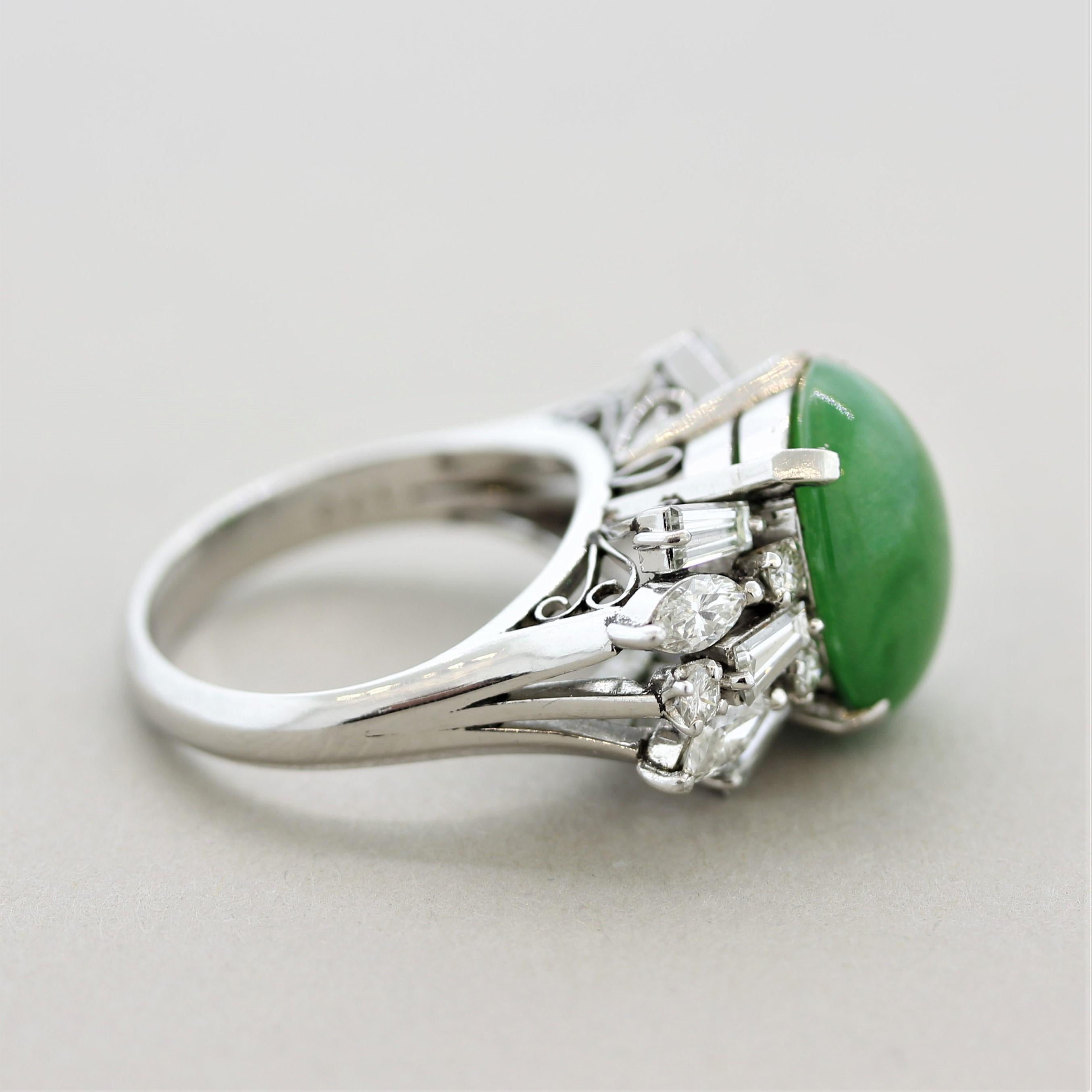 Women's Jadeite Jade Diamond Spray Platinum Cocktail Ring, GIA Certified For Sale