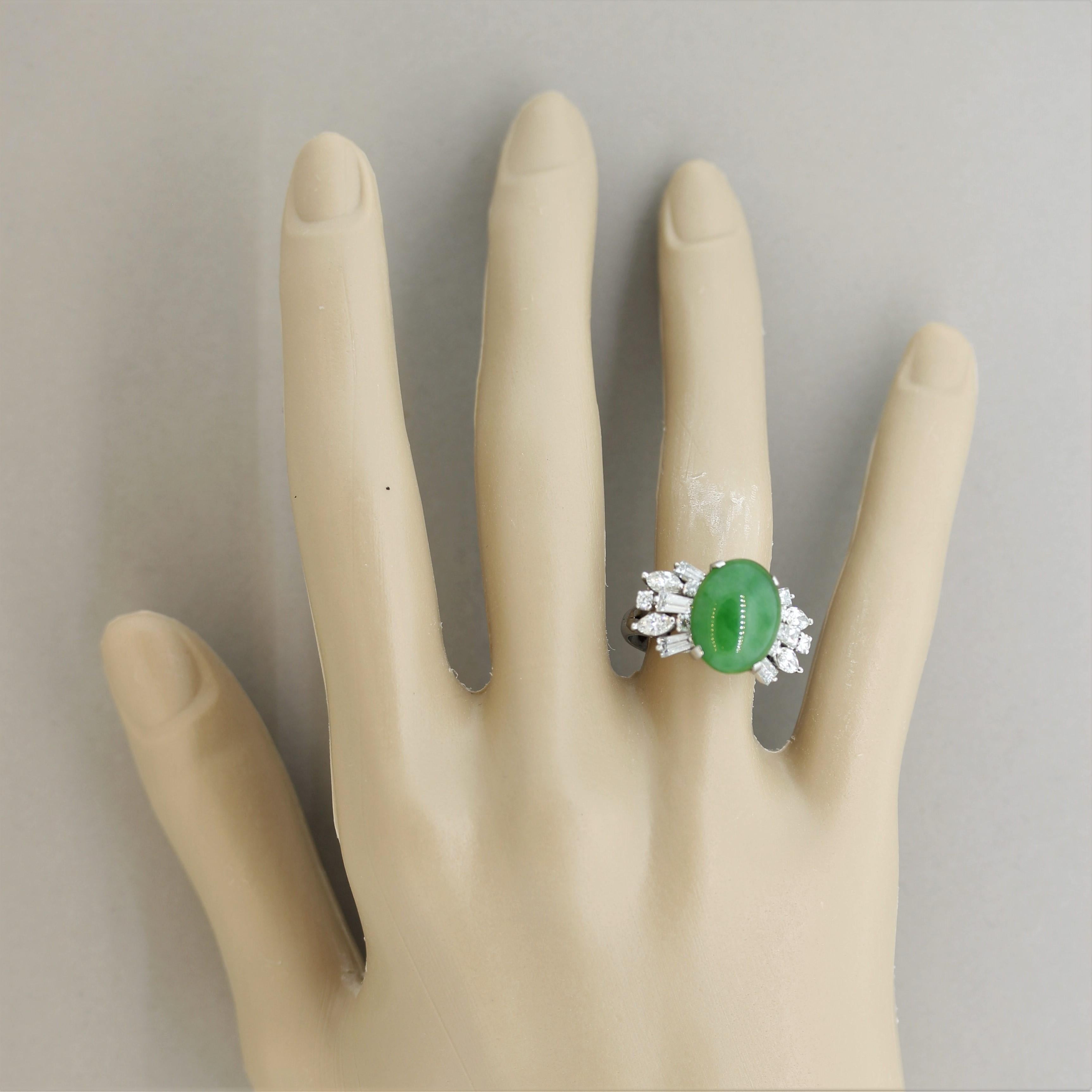 Jadeite Jade Diamond Spray Platinum Cocktail Ring, GIA Certified For Sale 1