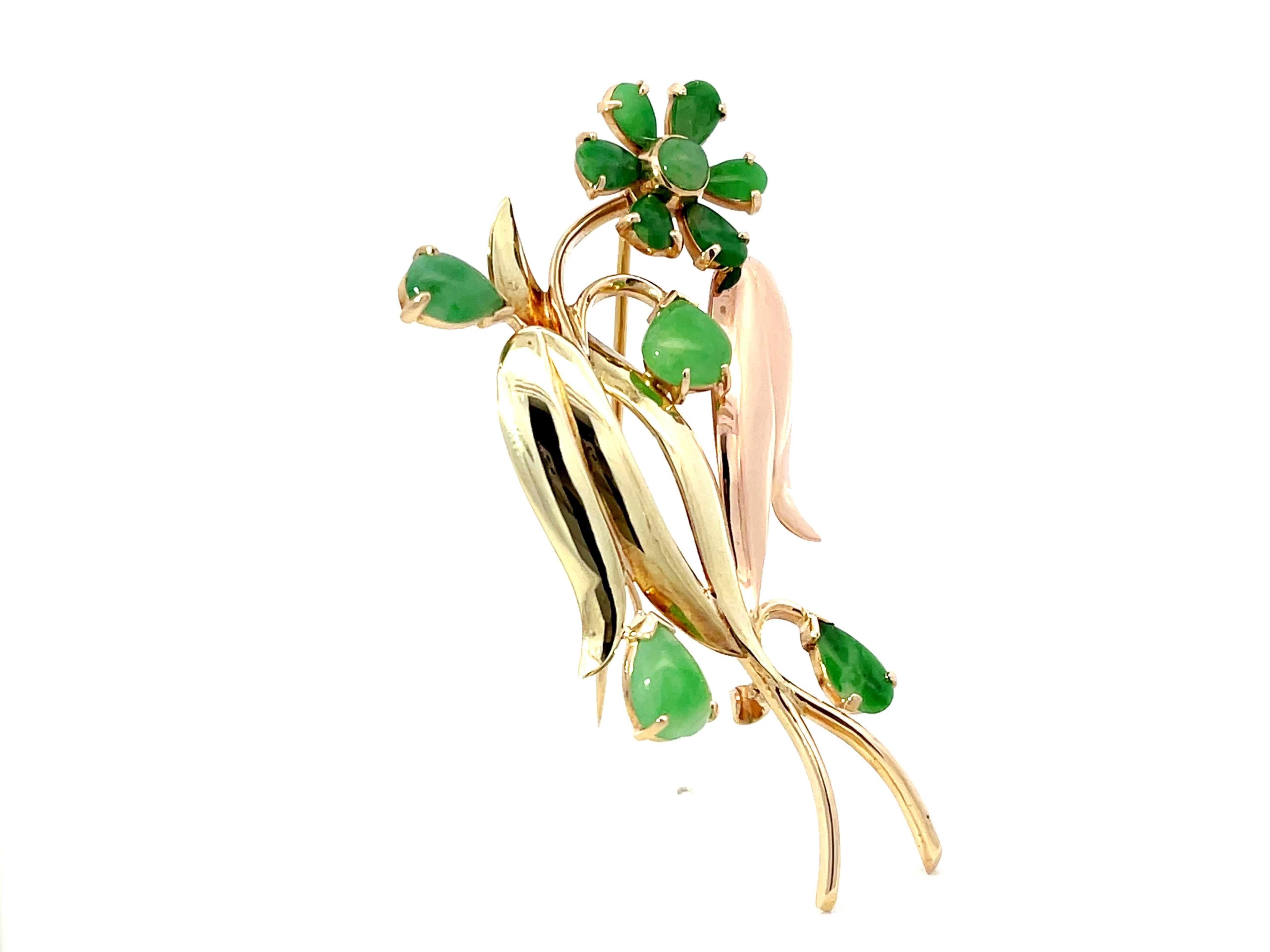 Modern Jadeite Jade Flower Branch Brooch Solid 14k Rose and Yellow Gold