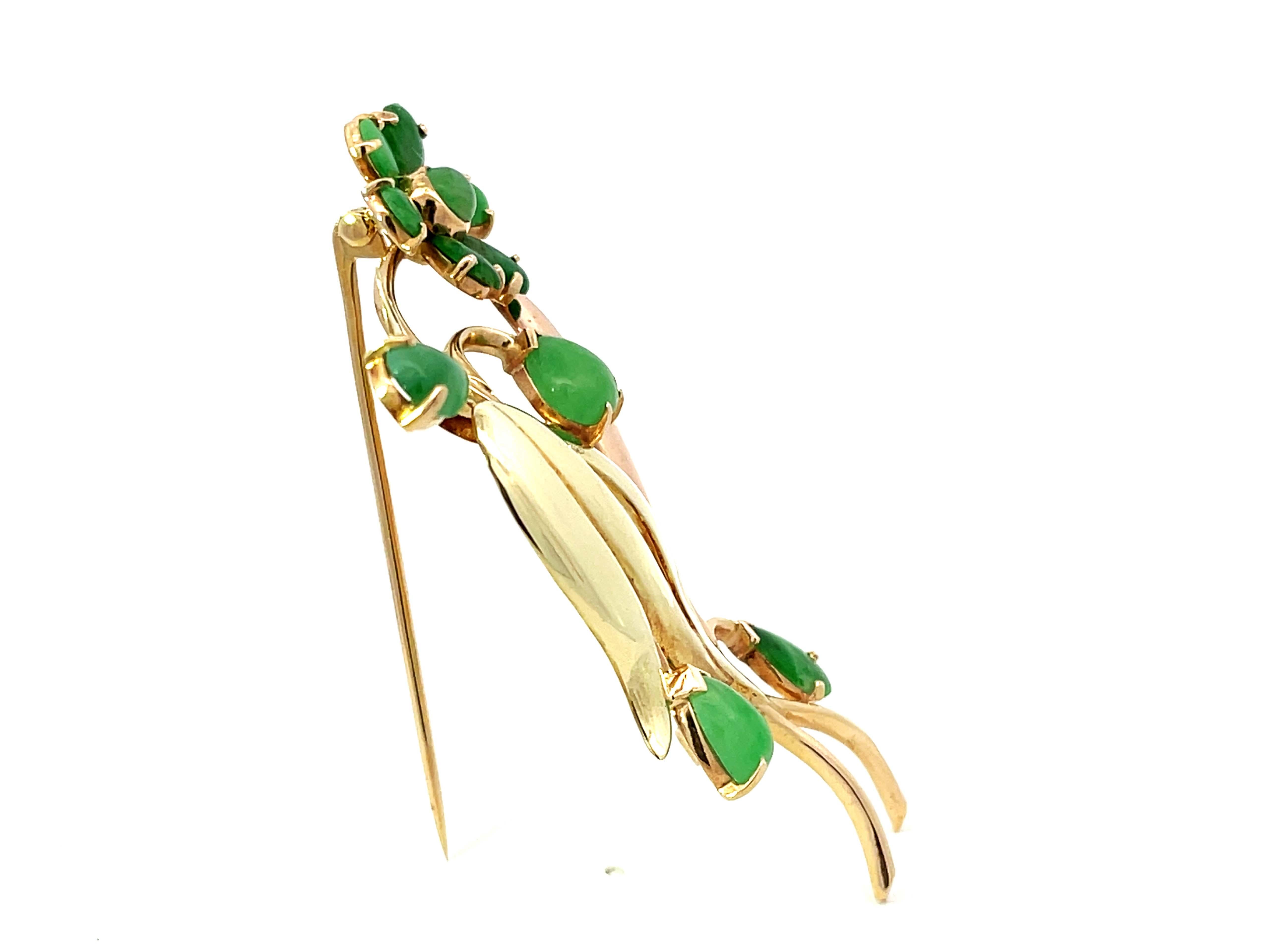 Jadeite Jade Flower Branch Brooch Solid 14k Rose and Yellow Gold In Excellent Condition In Honolulu, HI