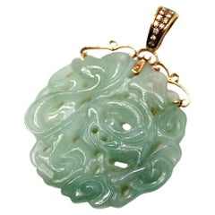 Jadeite Jade Hand-Carved 14k Gold With Diamond Large Pendant circa 1970s