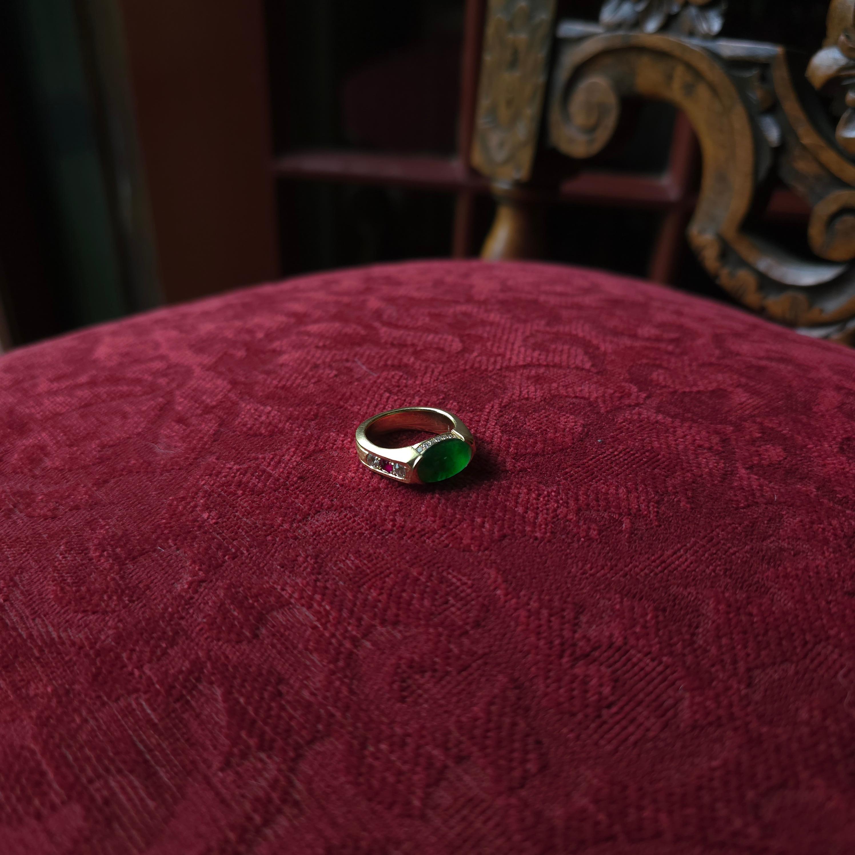 Jadeite Jade Ring Emerald Green, Rubies, Diamonds, 18k, Certified Untreated For Sale 10