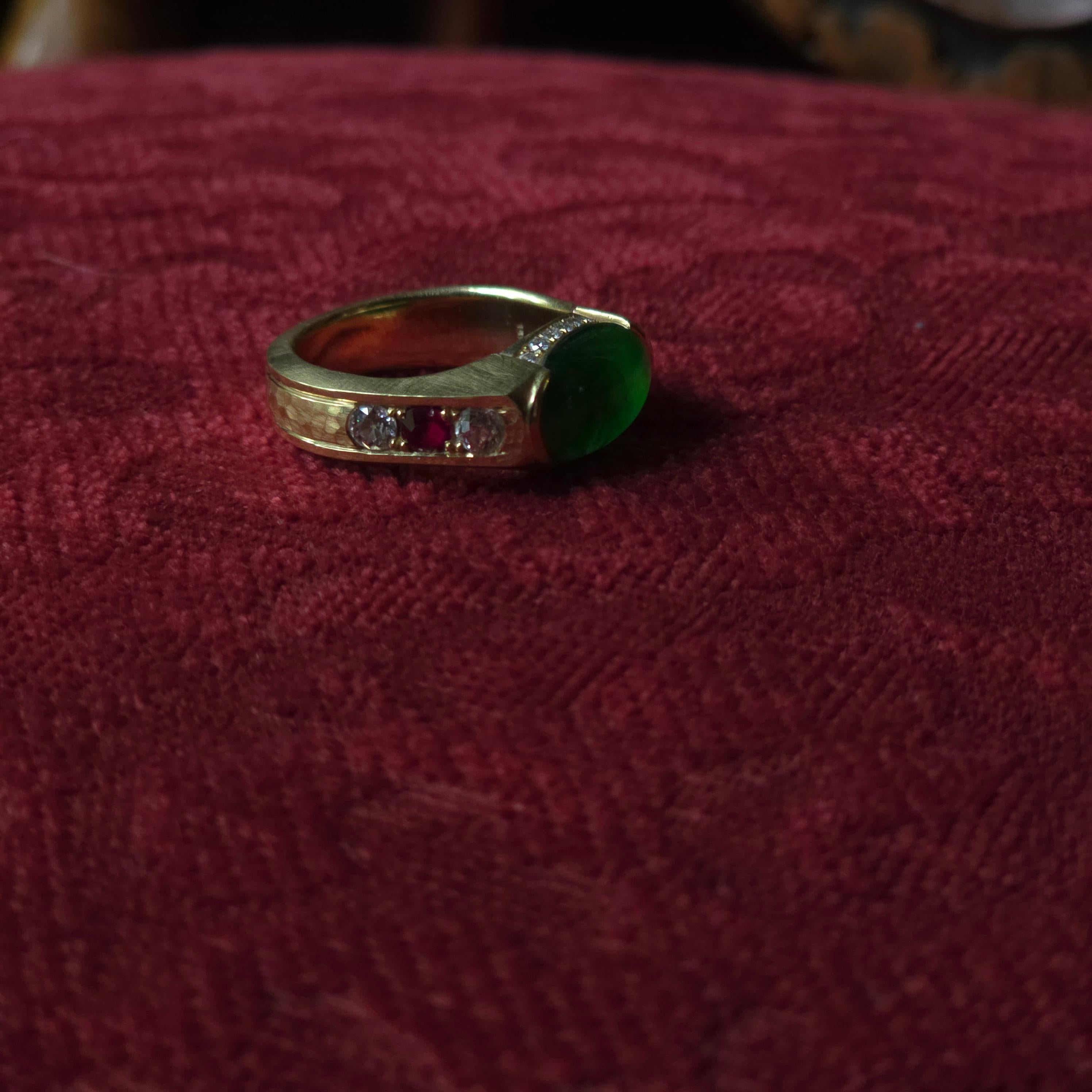 Jadeite Jade Ring Emerald Green, Rubies, Diamonds, 18k, Certified Untreated For Sale 11