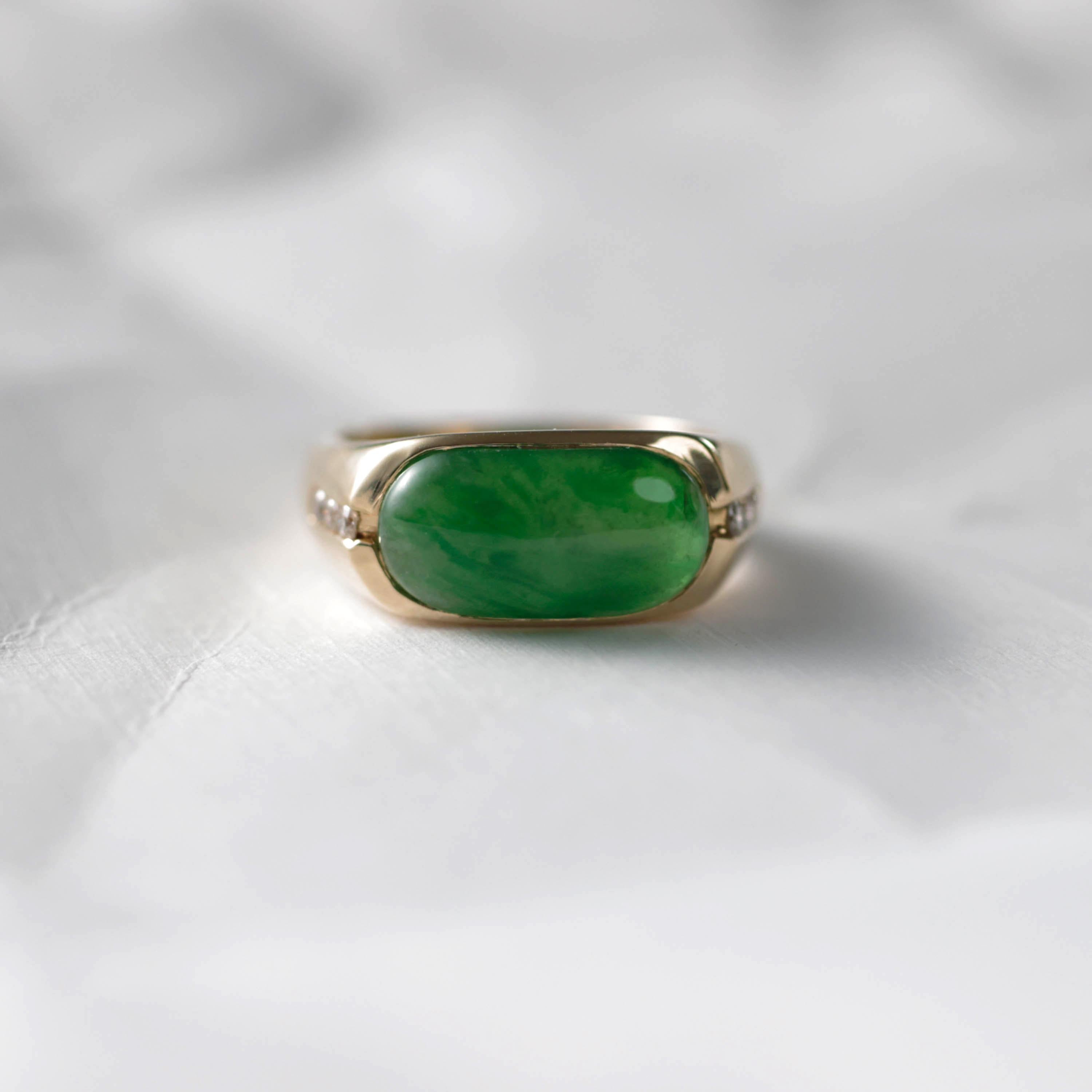 Jadeite Jade Ring with Diamonds Certified Untreated Emerald Green For Sale 4