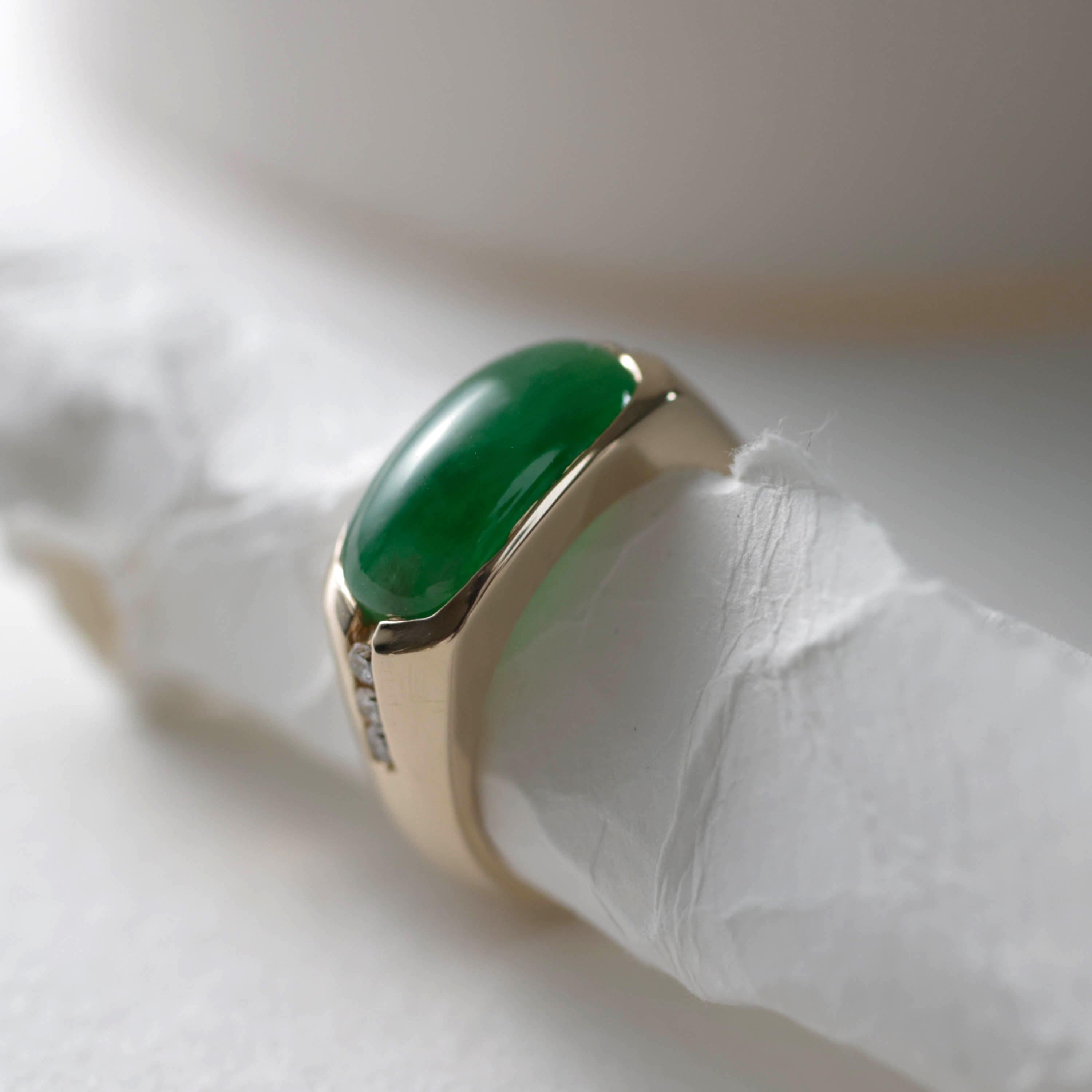Artisan Jadeite Jade Ring with Diamonds Certified Untreated Emerald Green For Sale