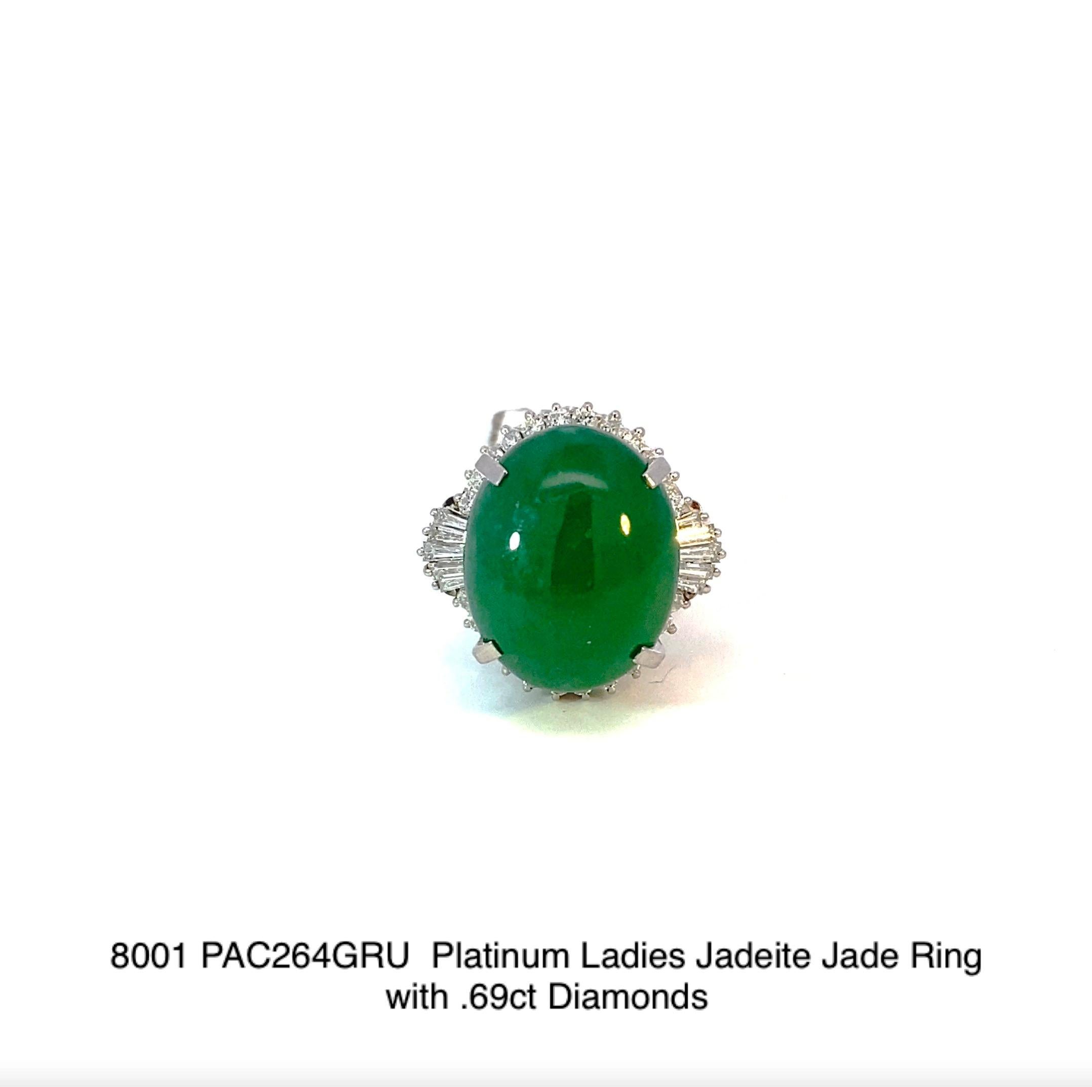 Item #8001
GIA (Gemological Report) Certified 
Platinum Ladies Jadeite Jade Ring with .69 carat Diamonds
Center stone with a client stated weight of 17.19 carats set in a white metal ring with ten (10) near colorless tapered baguettes and numerous