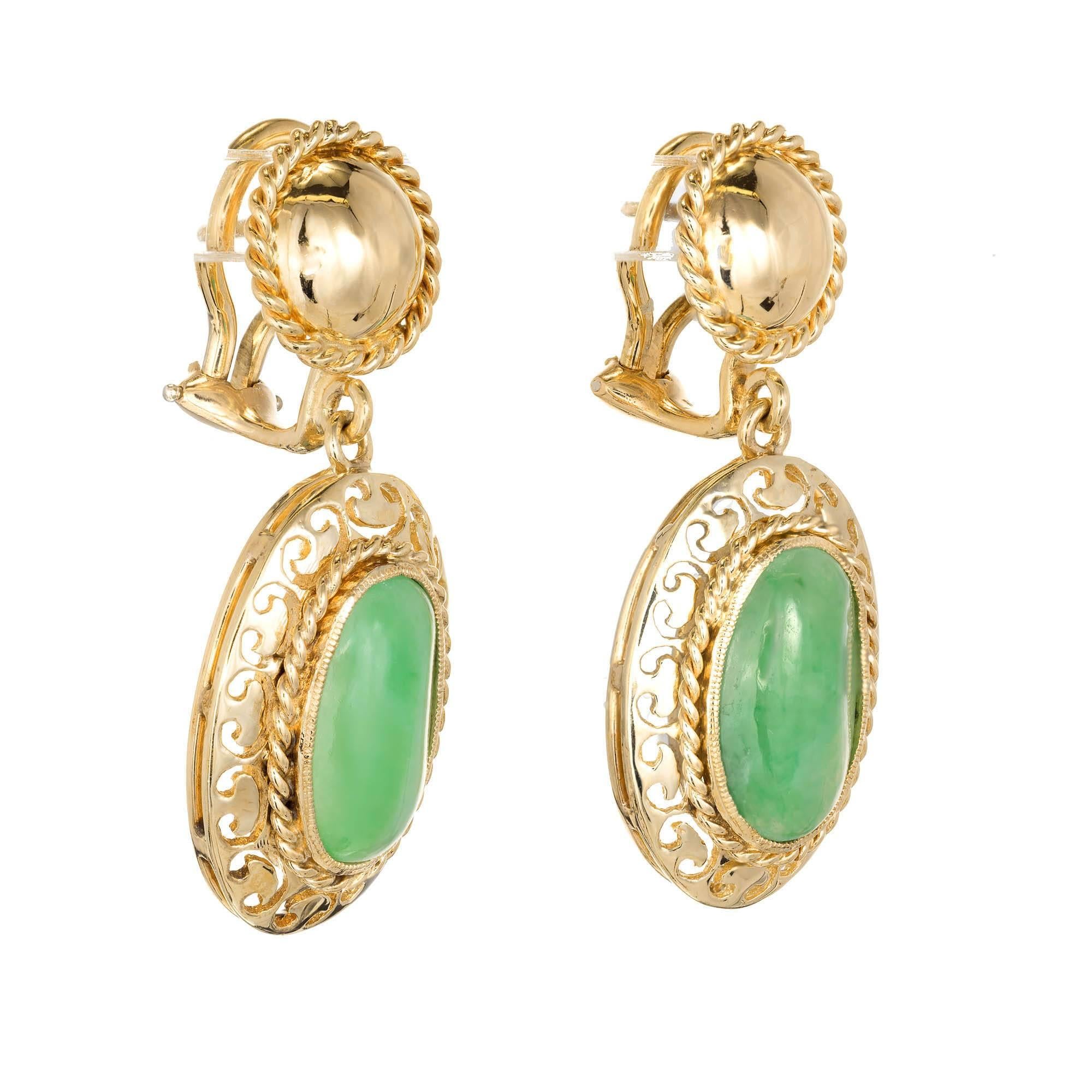 Oval Cut GIA Certified Art Deco Jadeite Jade Rose Gold Clip Post Dangle Earrings For Sale
