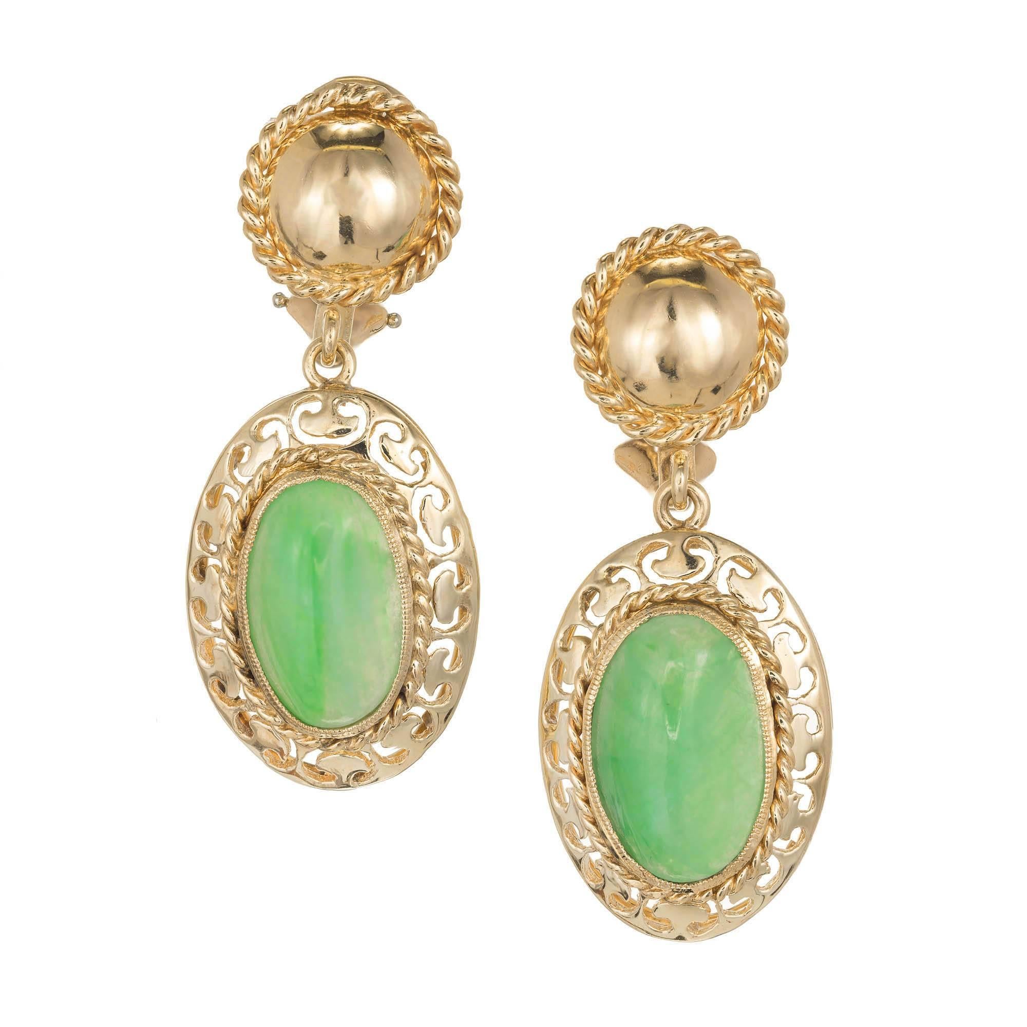 GIA Certified Art Deco Jadeite Jade Rose Gold Clip Post Dangle Earrings