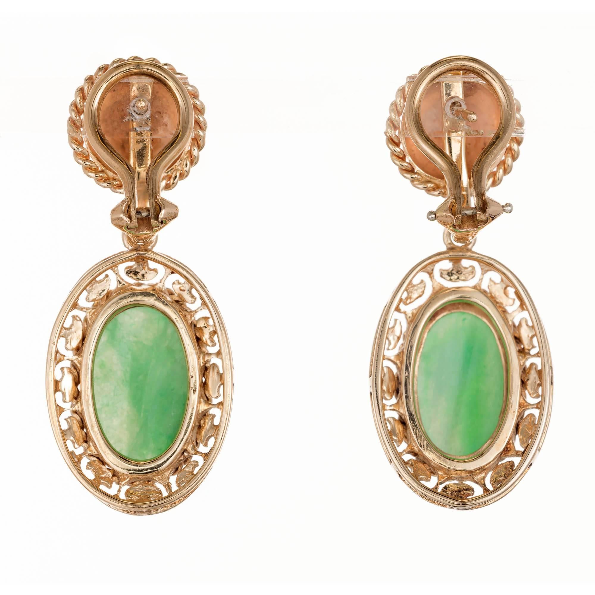 Women's GIA Certified Art Deco Jadeite Jade Rose Gold Clip Post Dangle Earrings For Sale