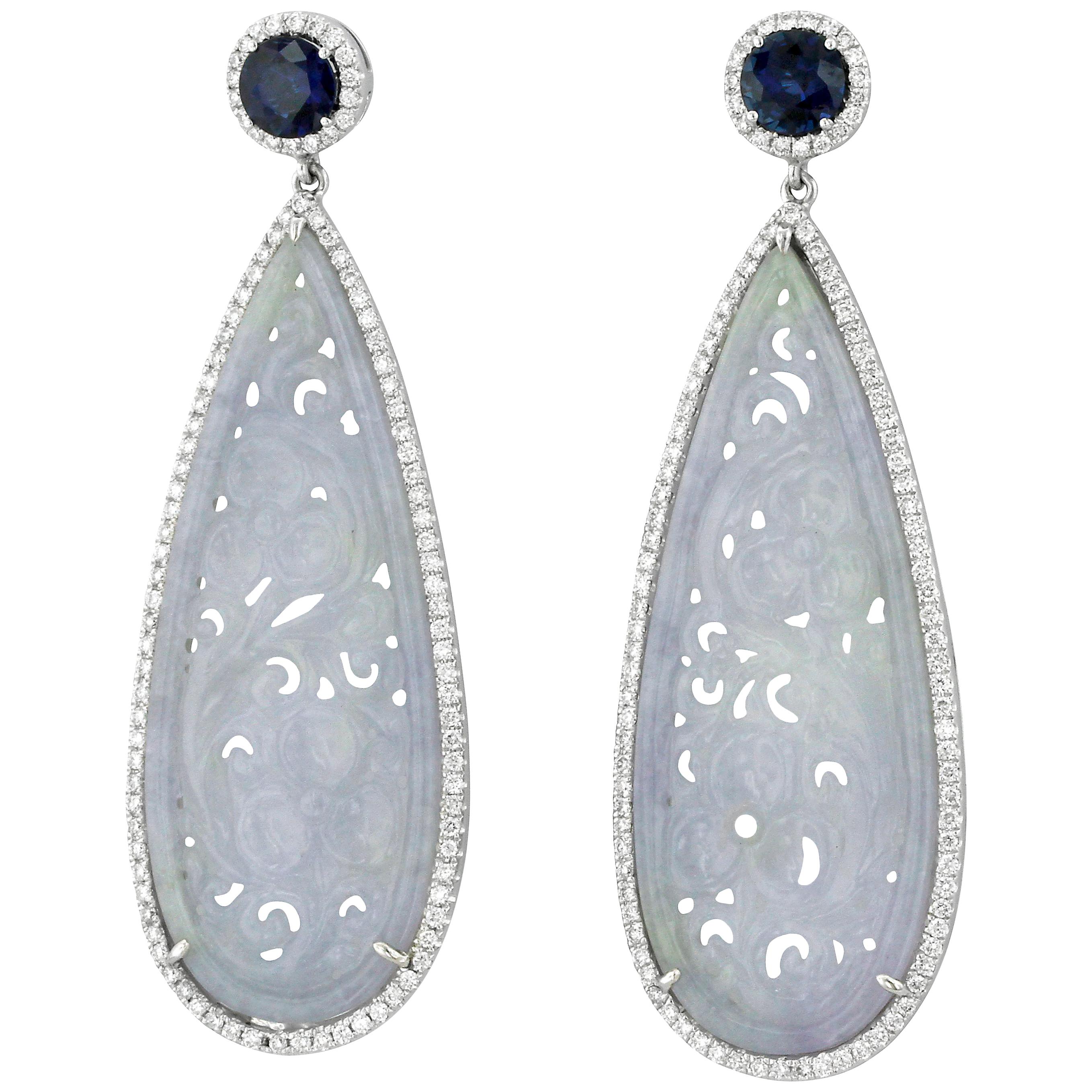 Jadeite Jade Sapphire and White Gold Drop Earrings For Sale