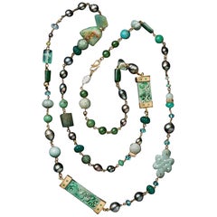 Jadeite, Jade, Tahitian Pearl and Multi Gem 18 Karat Gold Statement Necklace
