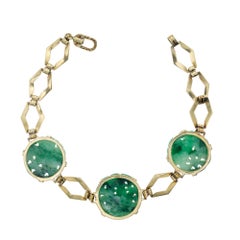 Jadeite Jade Yellow Hand Engraved Art Deco Yellow Gold Bracelet