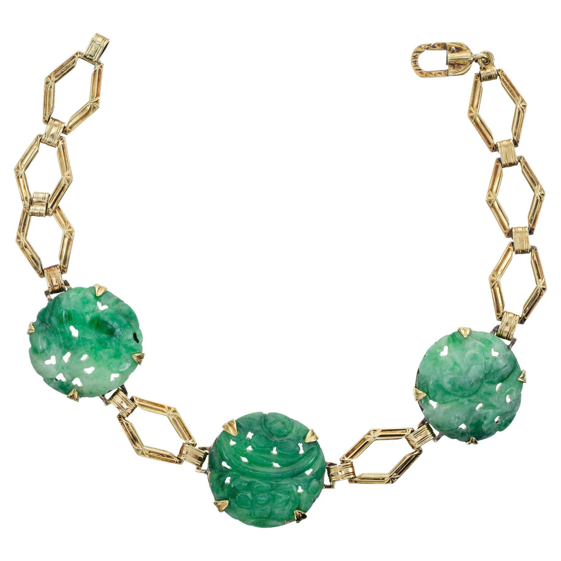 Jadeit Jade Gelbgold Hand graviertes Art Deco Gelbgold Armband im Angebot