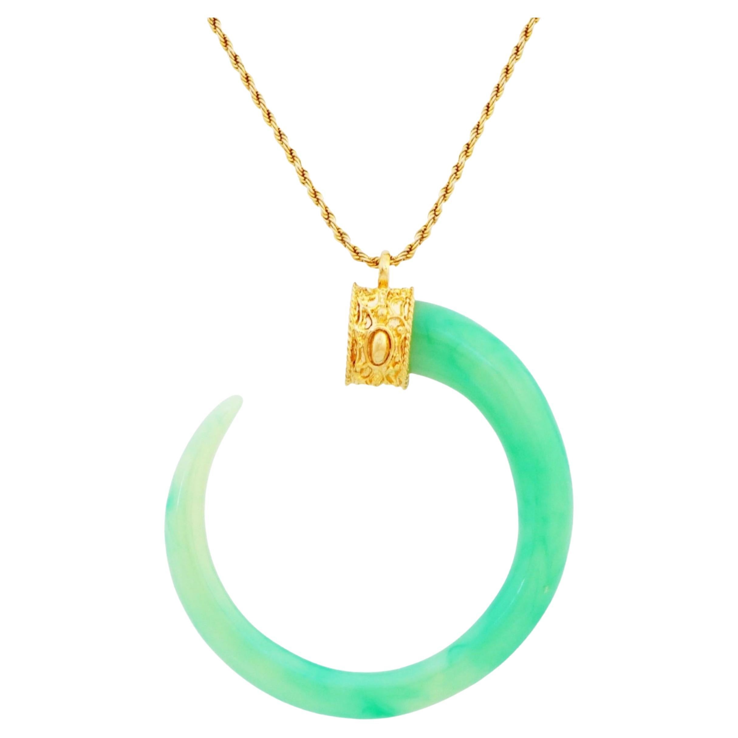 Jadeite Resin Curved Horn Pendant Statement Necklace By Kenneth Jay Lane, 1970s For Sale
