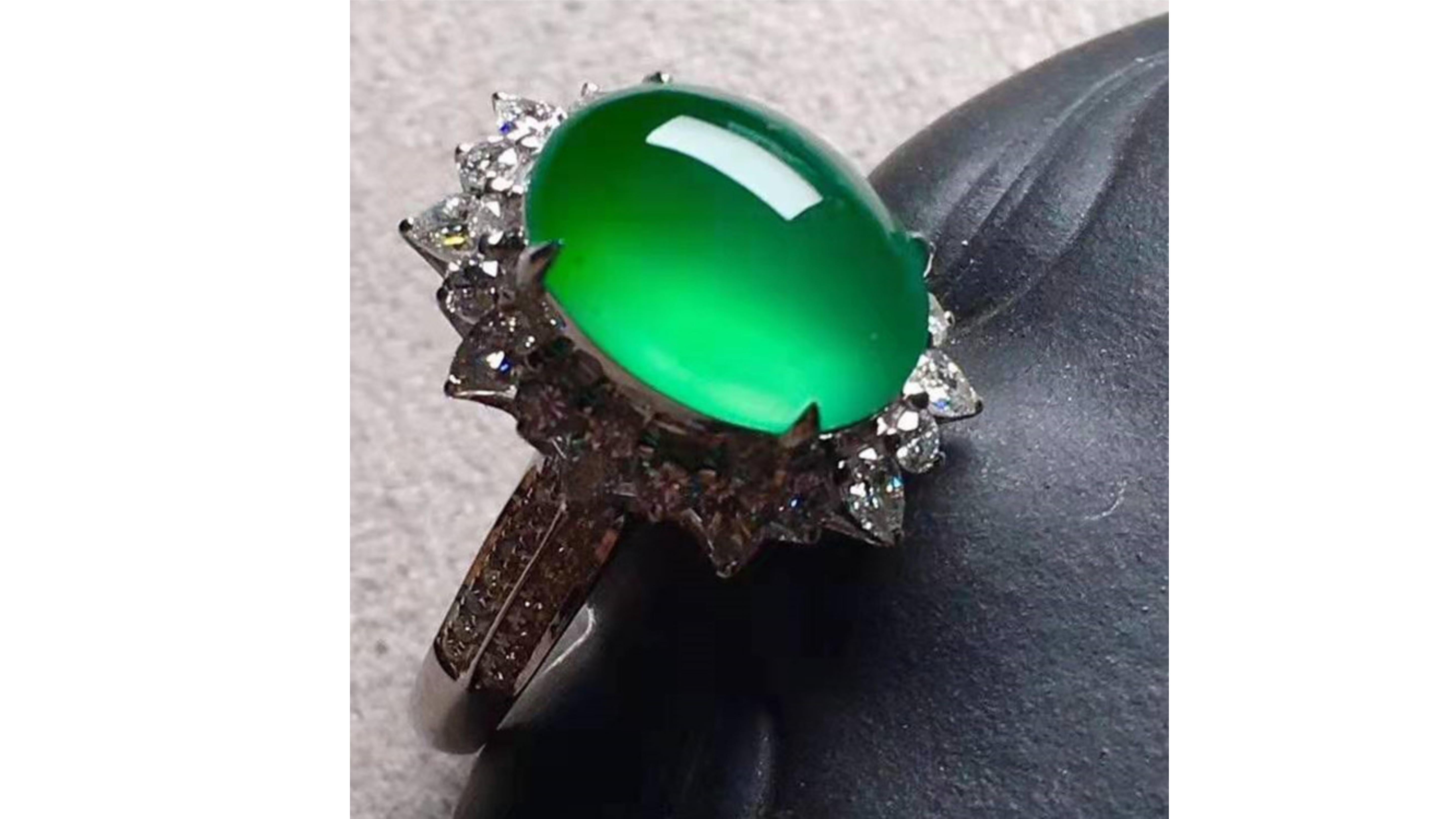 Contemporary Jadeite Ring Diamond Ring 18k Karat White Gold For Sale