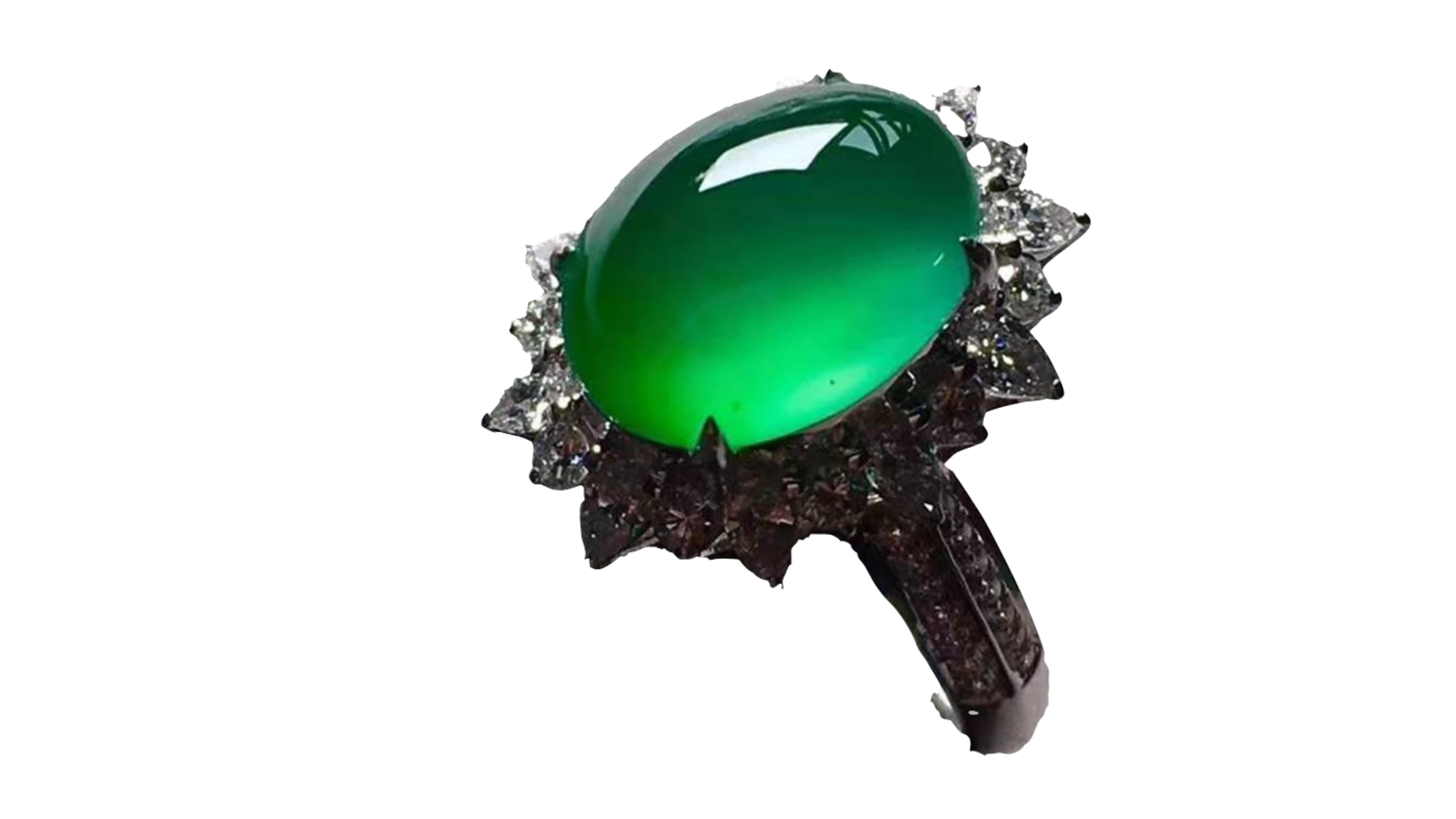 Jadeite Oval  Ring with 31 Diamonds 0.45 Carat  around main stone and stands out .Set in 18 Karat White Gold .  

Jadeite in Myanmar is primarily found in the 