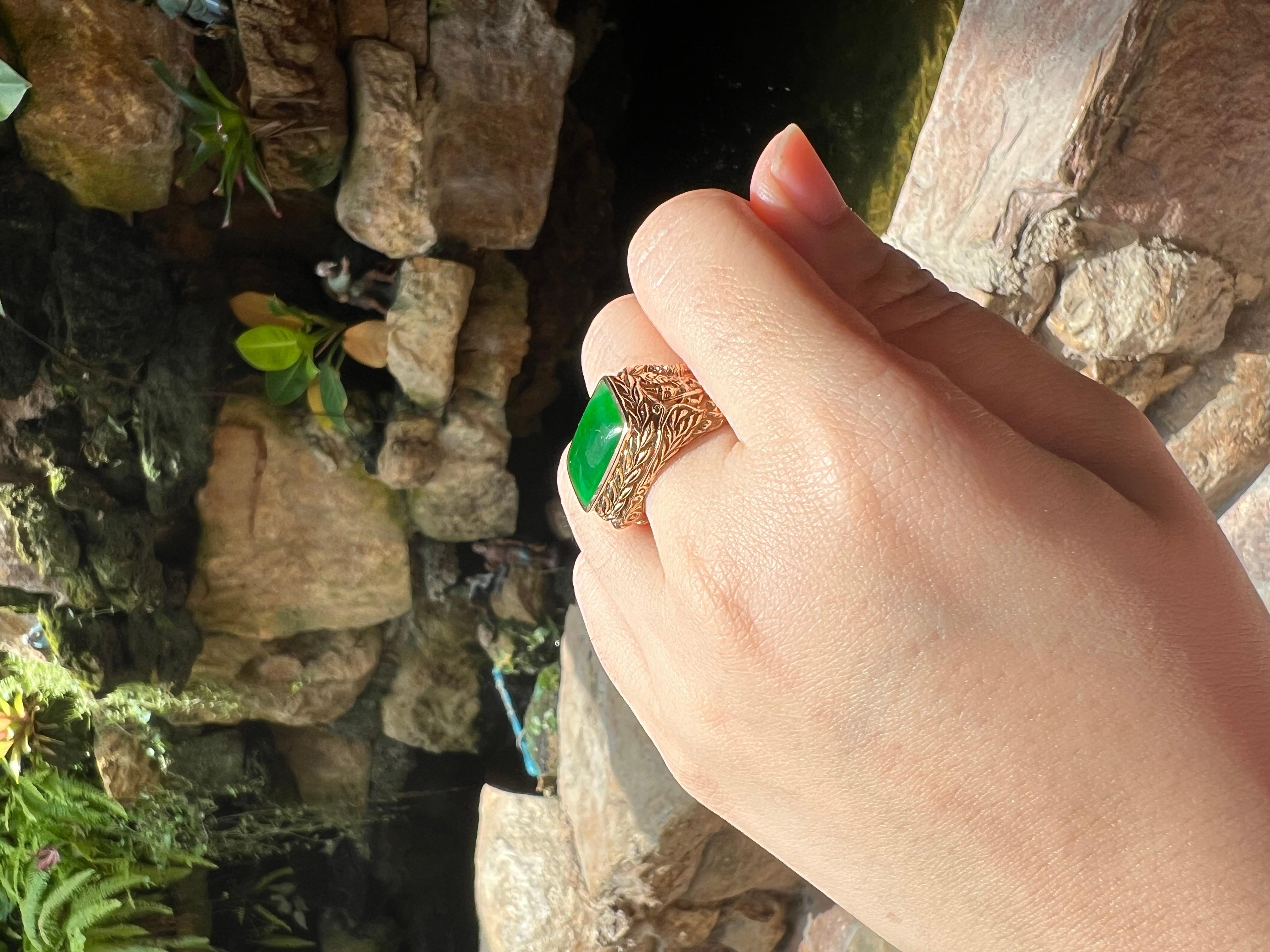 Jadeite 4.38 carats Ring set in 18K Rose Gold Settings

Width:  1.8 cm 
Length: 1.5 cm
Ring Size: 63
Total Weight: 21.45 grams

