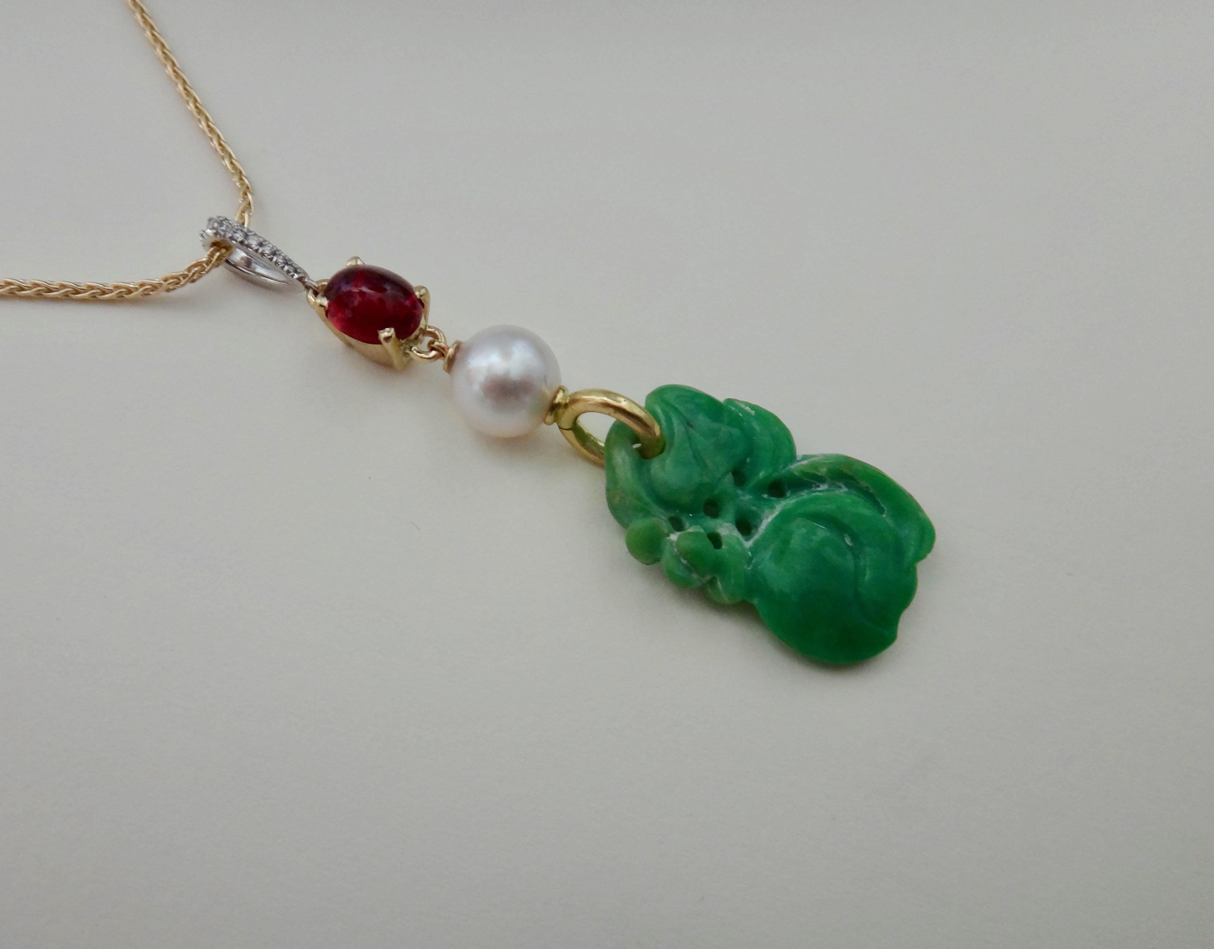 Contemporary Jadeite Ruby Akoya Pearl Diamond Pendant For Sale