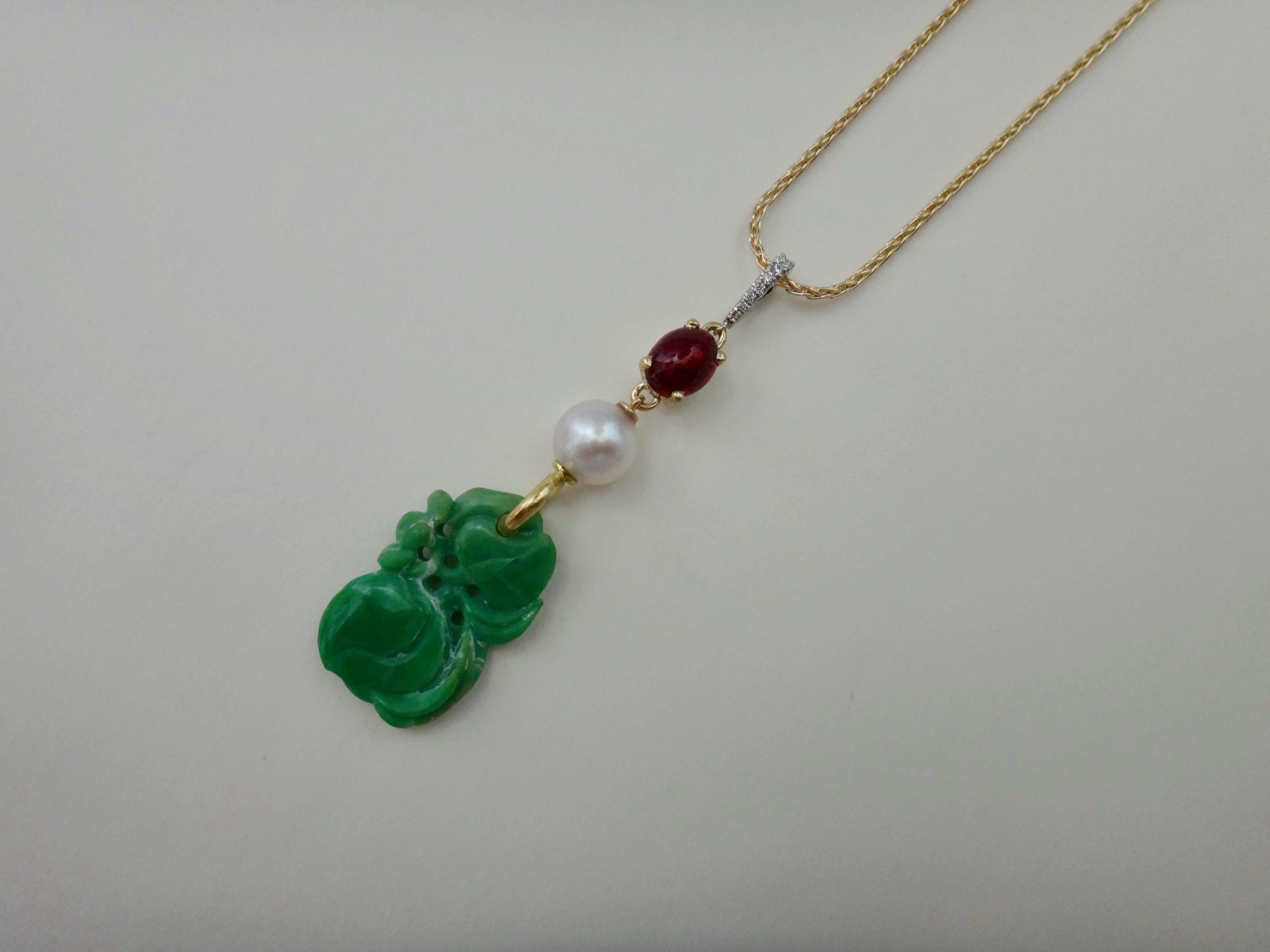 Jadeite Ruby Akoya Pearl Diamond Pendant In New Condition For Sale In Austin, TX