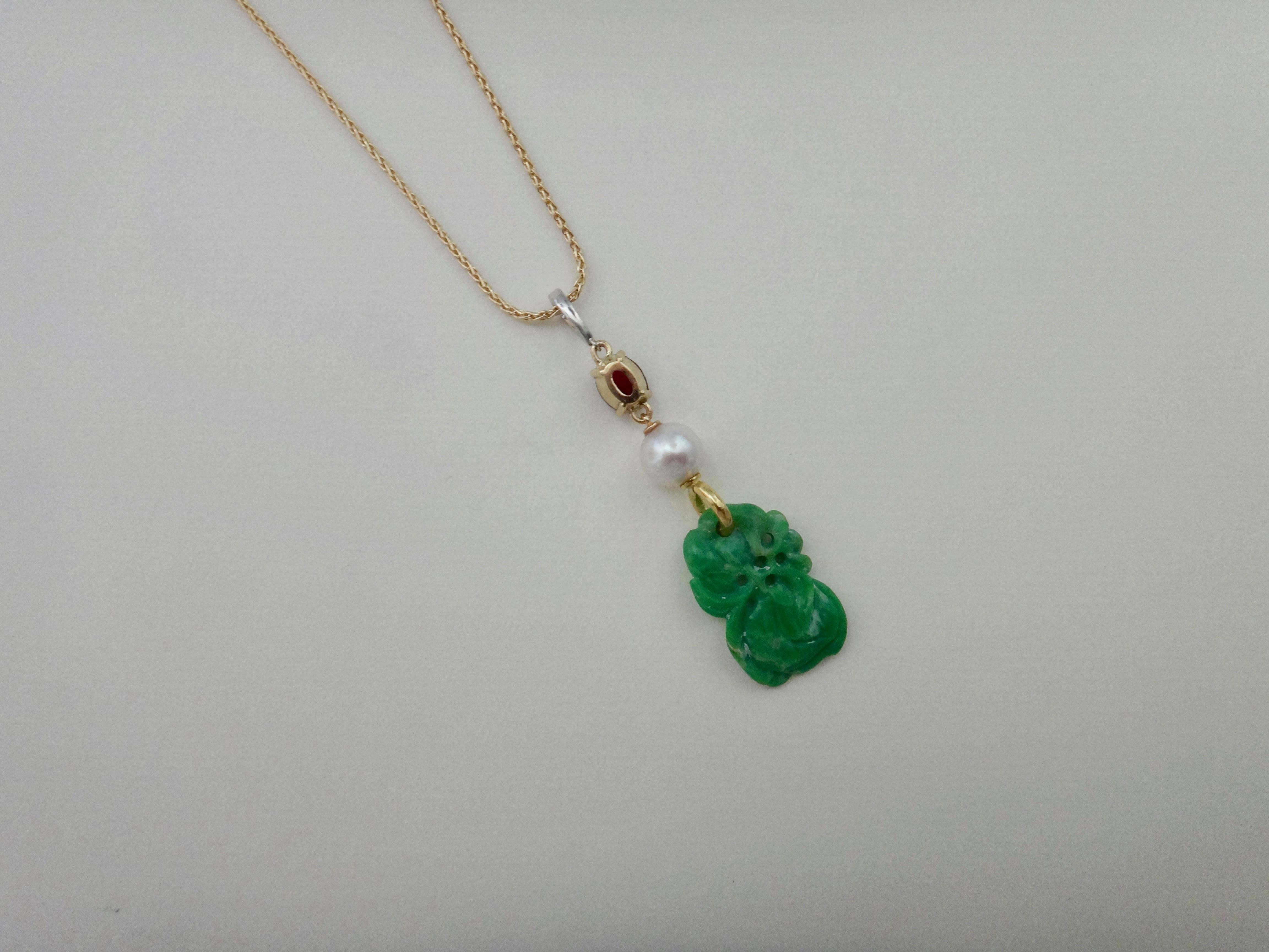 Jadeite Ruby Akoya Pearl Diamond Pendant For Sale 1