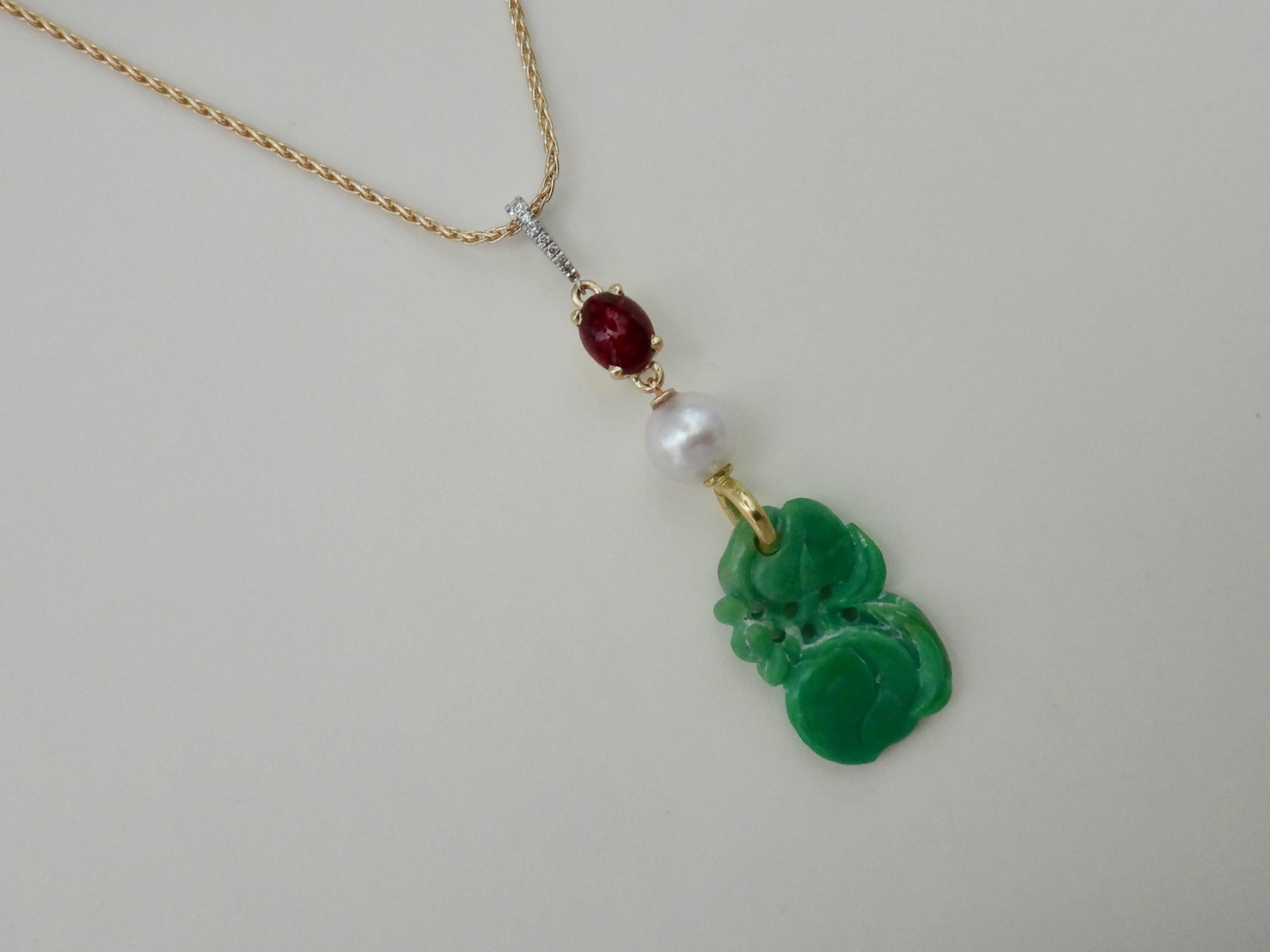 Jadeite Ruby Akoya Pearl Diamond Pendant For Sale 2