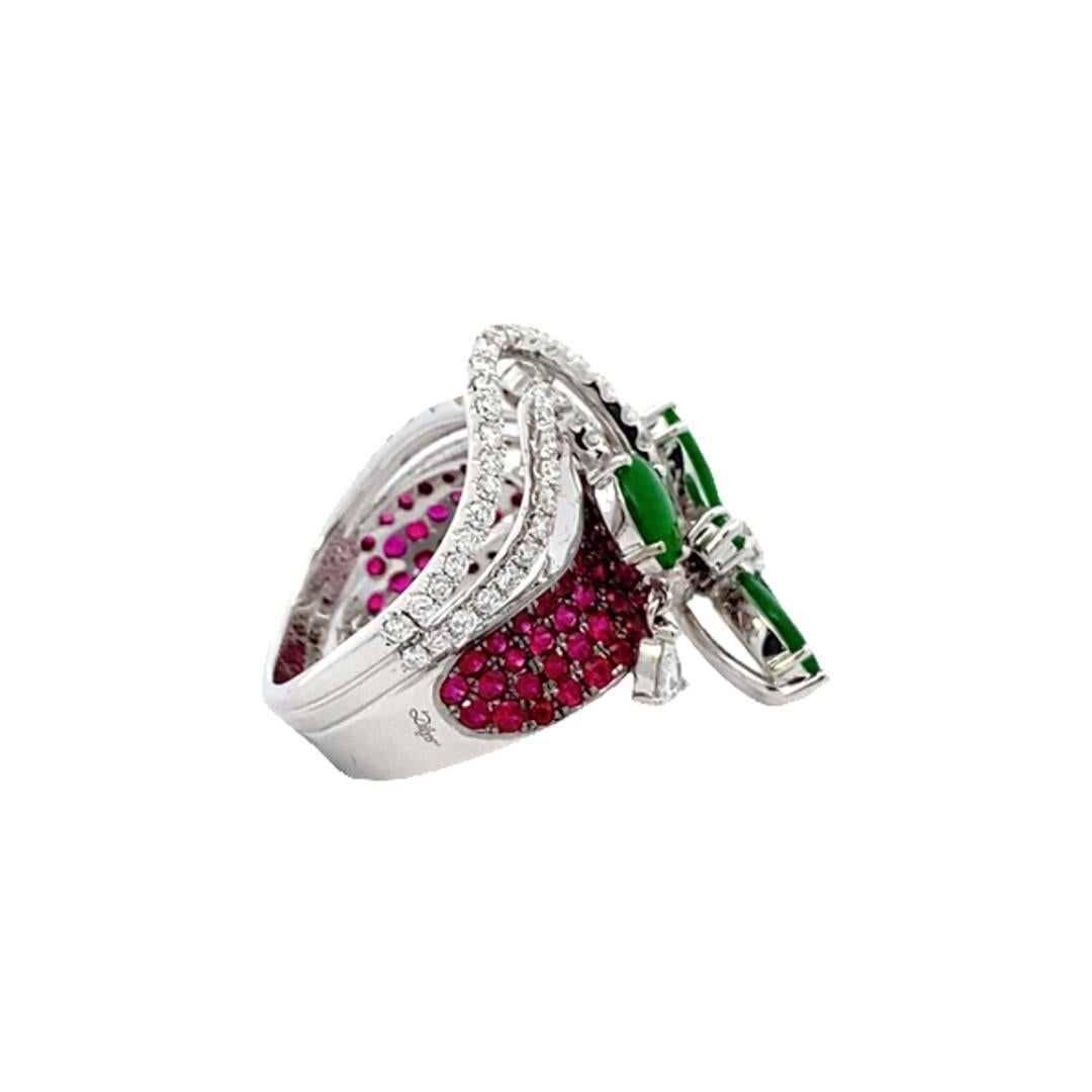 Inspired by the beauty of nature, the rare lush-greens of jadeite, and the ruby's captivating fire, the renowned Hong Kong jewelry designer, Dilys Young, designed this exquisite ring. 

A one-of-a-kind piece from her signature jadeite collection,