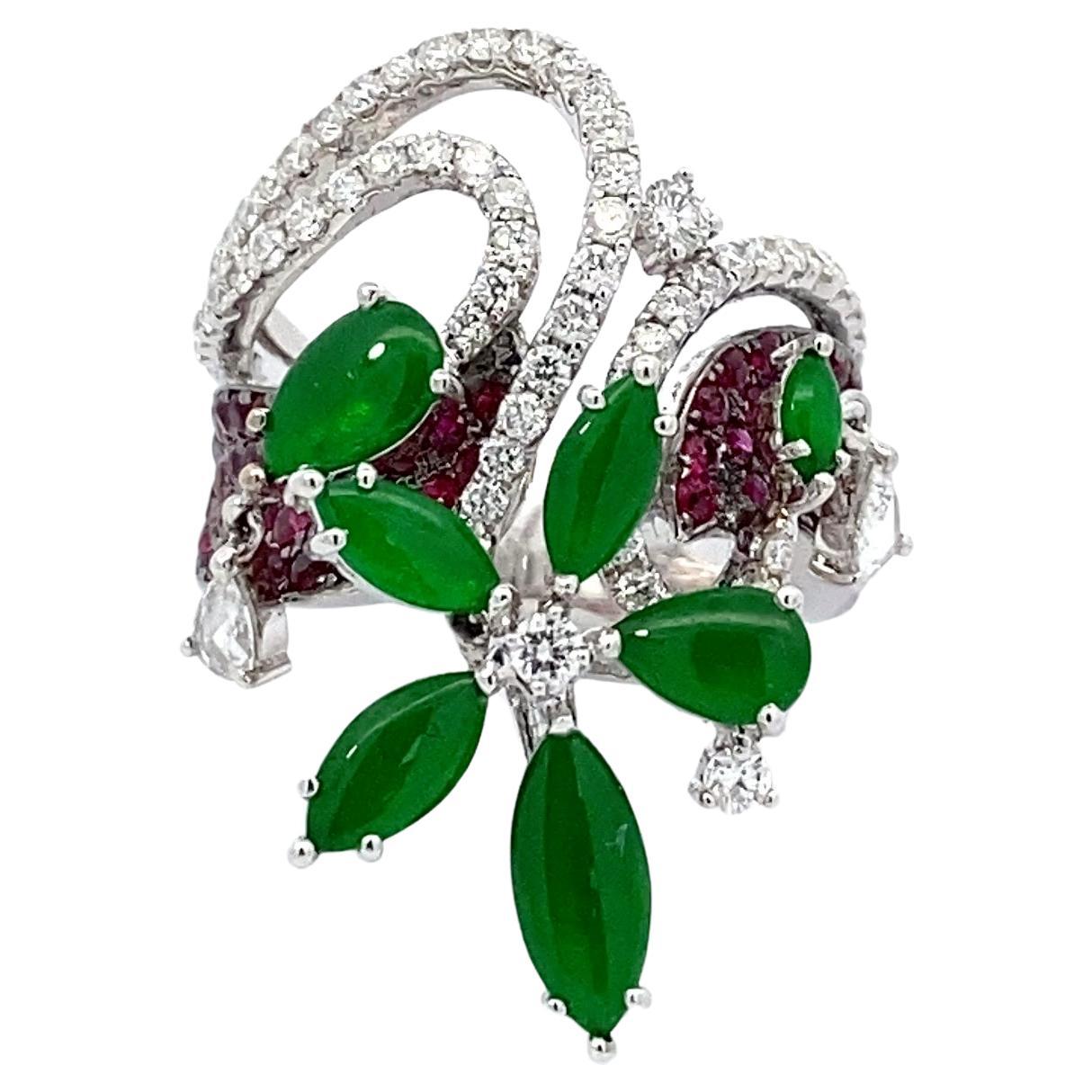 Jadeite, Ruby and Diamond 18 Karat Handcrafted Ring For Sale