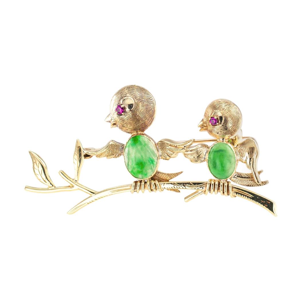 Jadeite Ruby Gold Bird Brooch