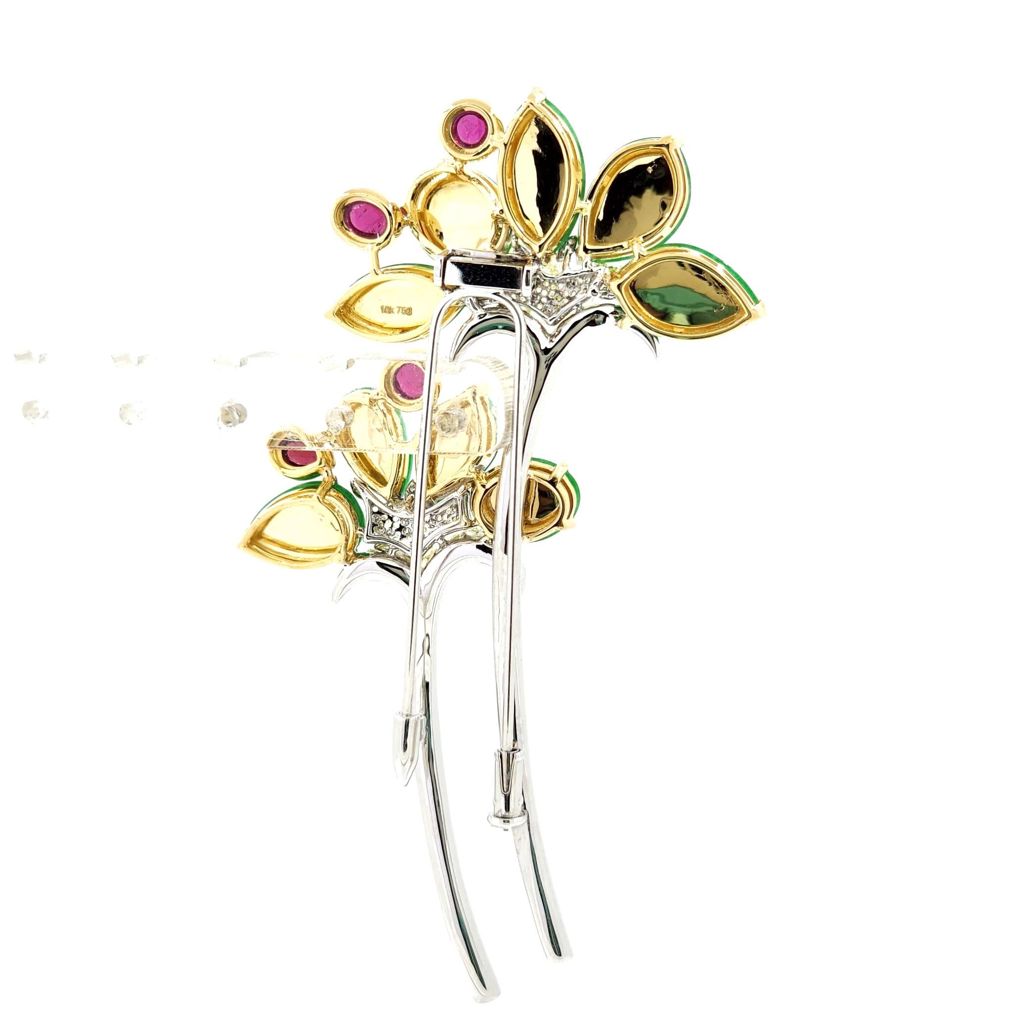 Contemporary Jadeite Tourmaline and Diamond Flower Brooch in 18 Karat White and Yellow Gold For Sale