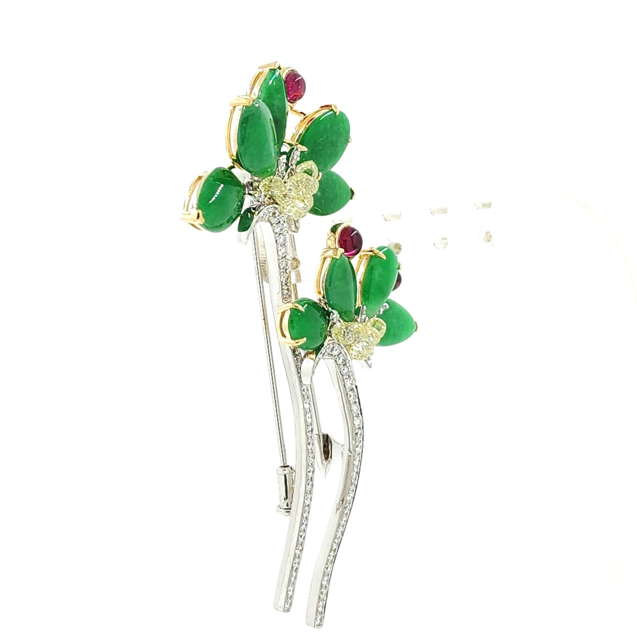 Uncut Jadeite Tourmaline and Diamond Flower Brooch in 18 Karat White and Yellow Gold For Sale