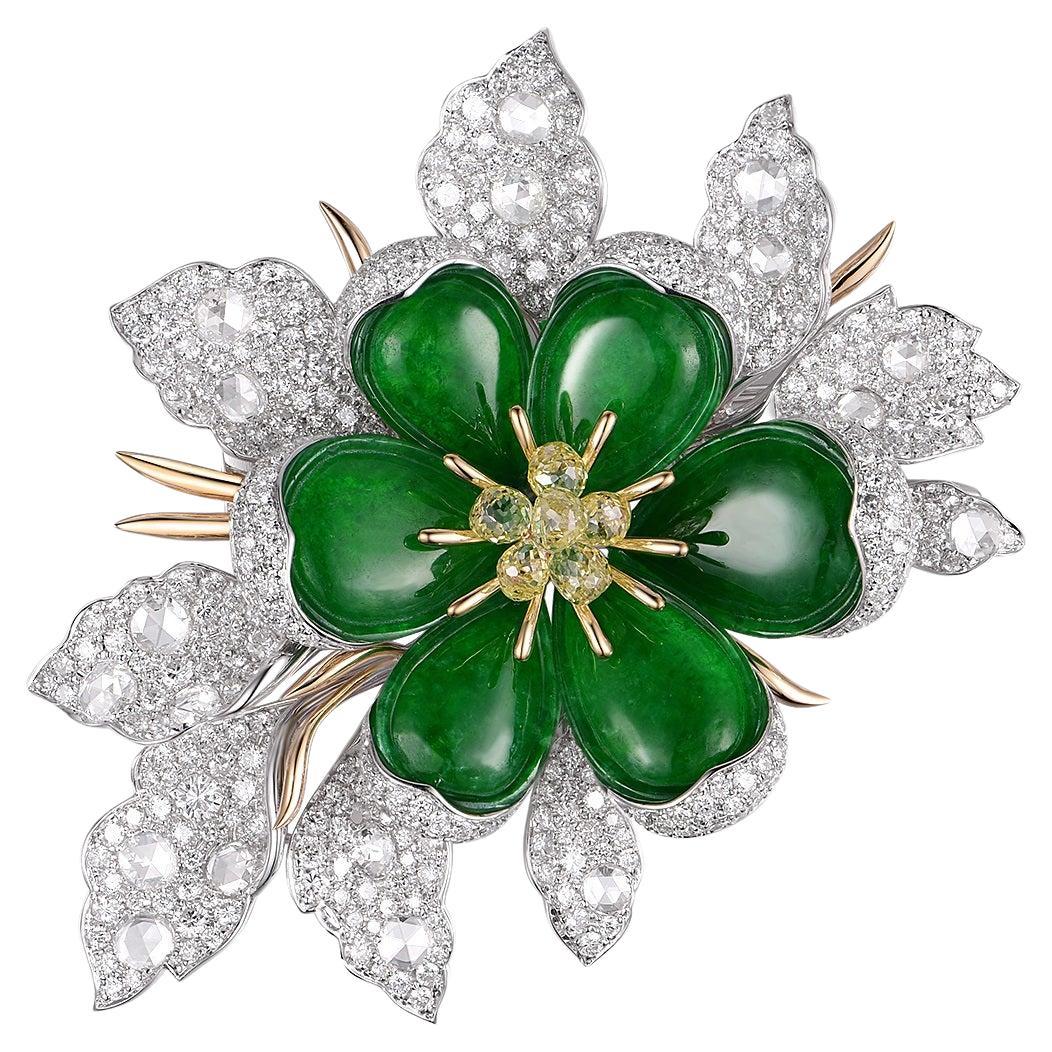 Jadeite Yellow Briolette Diamond Rose Cut Diamond Flower Brooch in 18K Gold For Sale